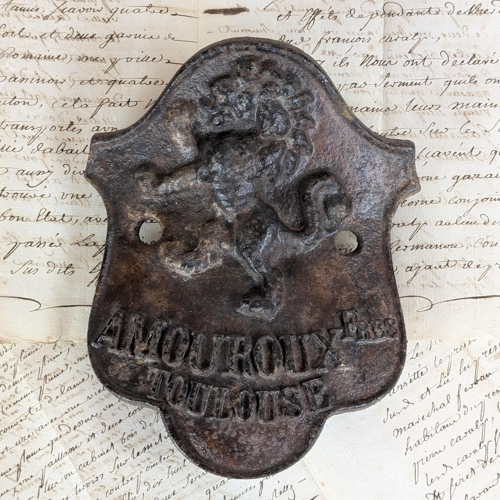 Cast Iron Lion Shield Plaque, Antique French Amouroux Freres Toulouse Agricultural Machinery Mark, Rustic Industrial Farmhouse Salvage photo buy
