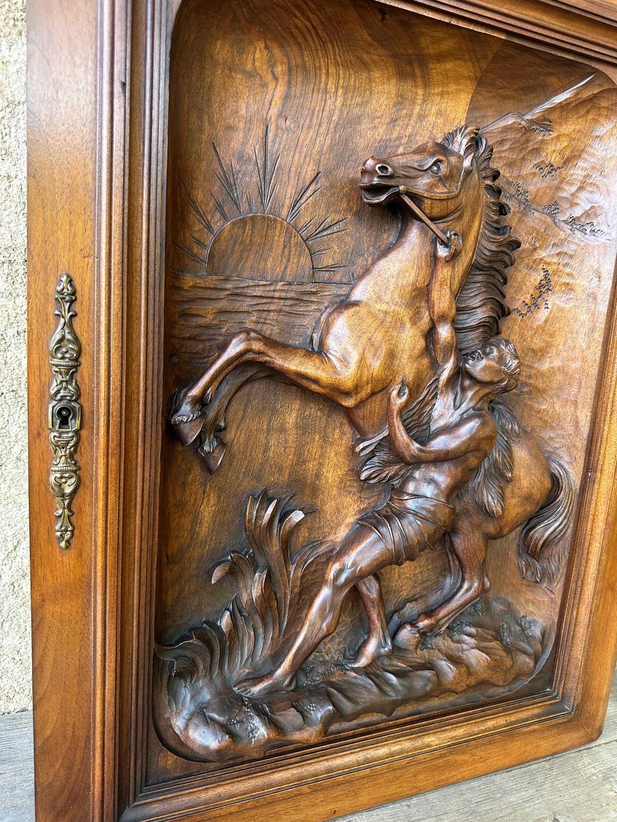 Antique French Walnut Wood Carved Door, Horses Of Marly photo vintage