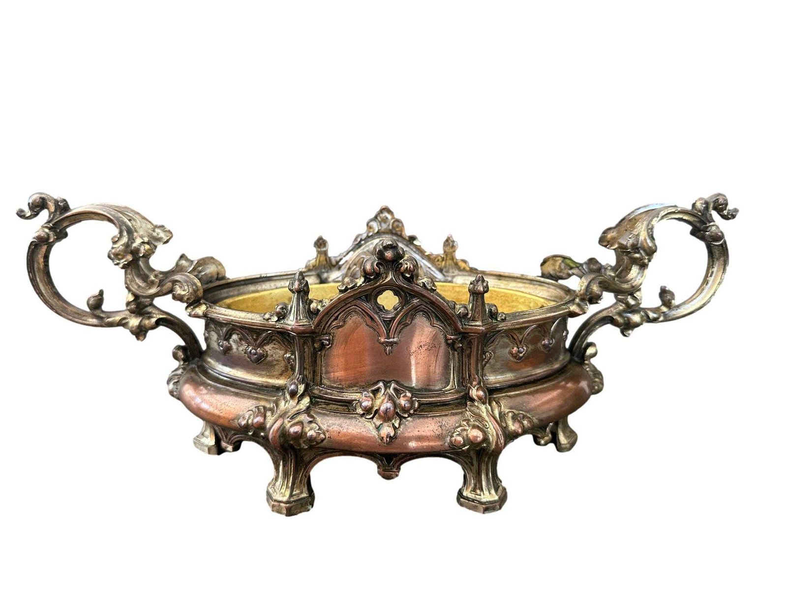 19th C. Gothic Revival Planter | Antique French Spelter Jardiniere | Troubadour Style Centerpiece | Medieval Decor photo furniture