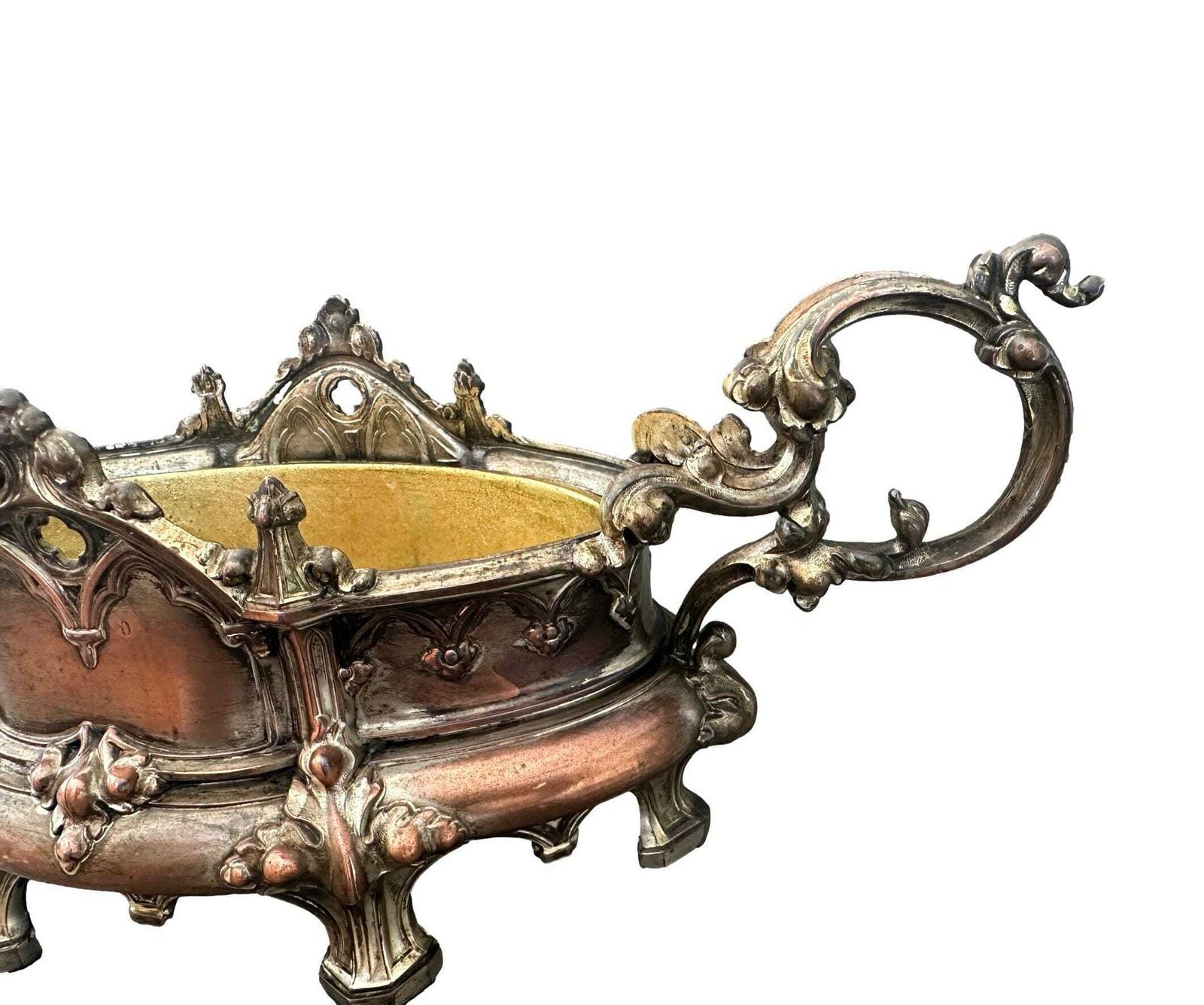 19th C. Gothic Revival Planter | Antique French Spelter Jardiniere | Troubadour Style Centerpiece | Medieval Decor photo vinterior