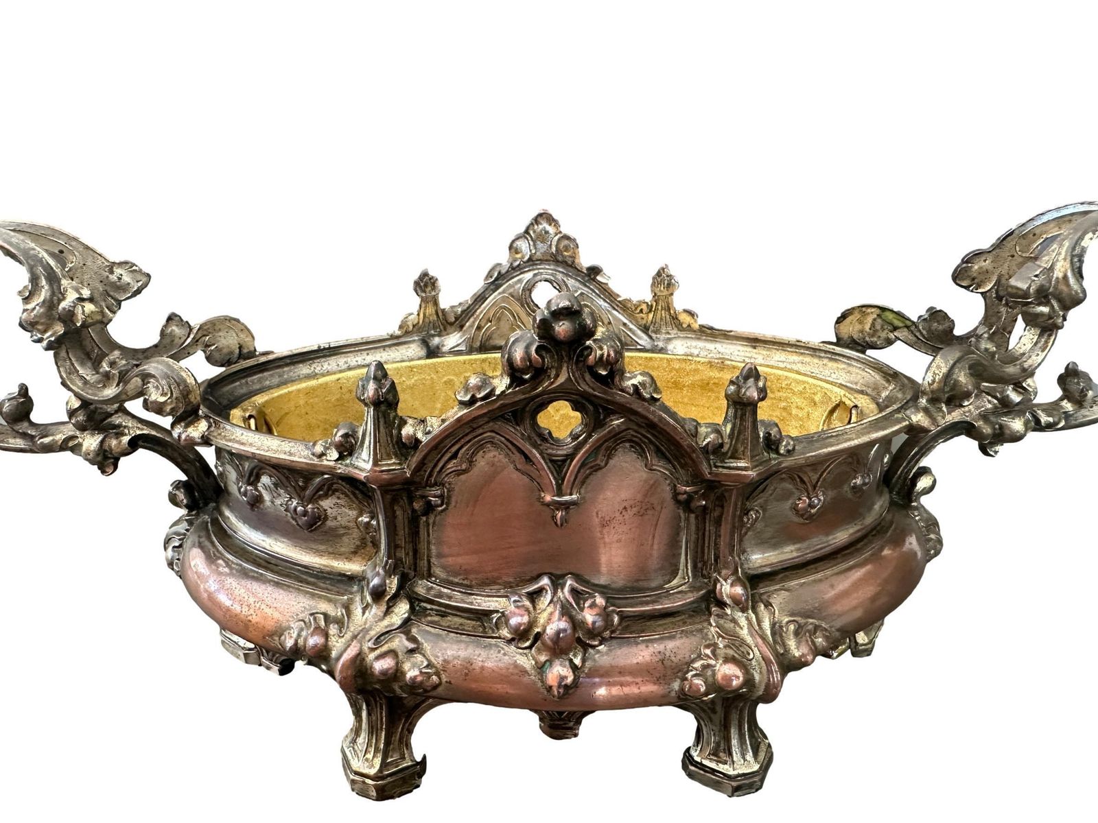 19th C. Gothic Revival Planter | Antique French Spelter Jardiniere | Troubadour Style Centerpiece | Medieval Decor photo vintage