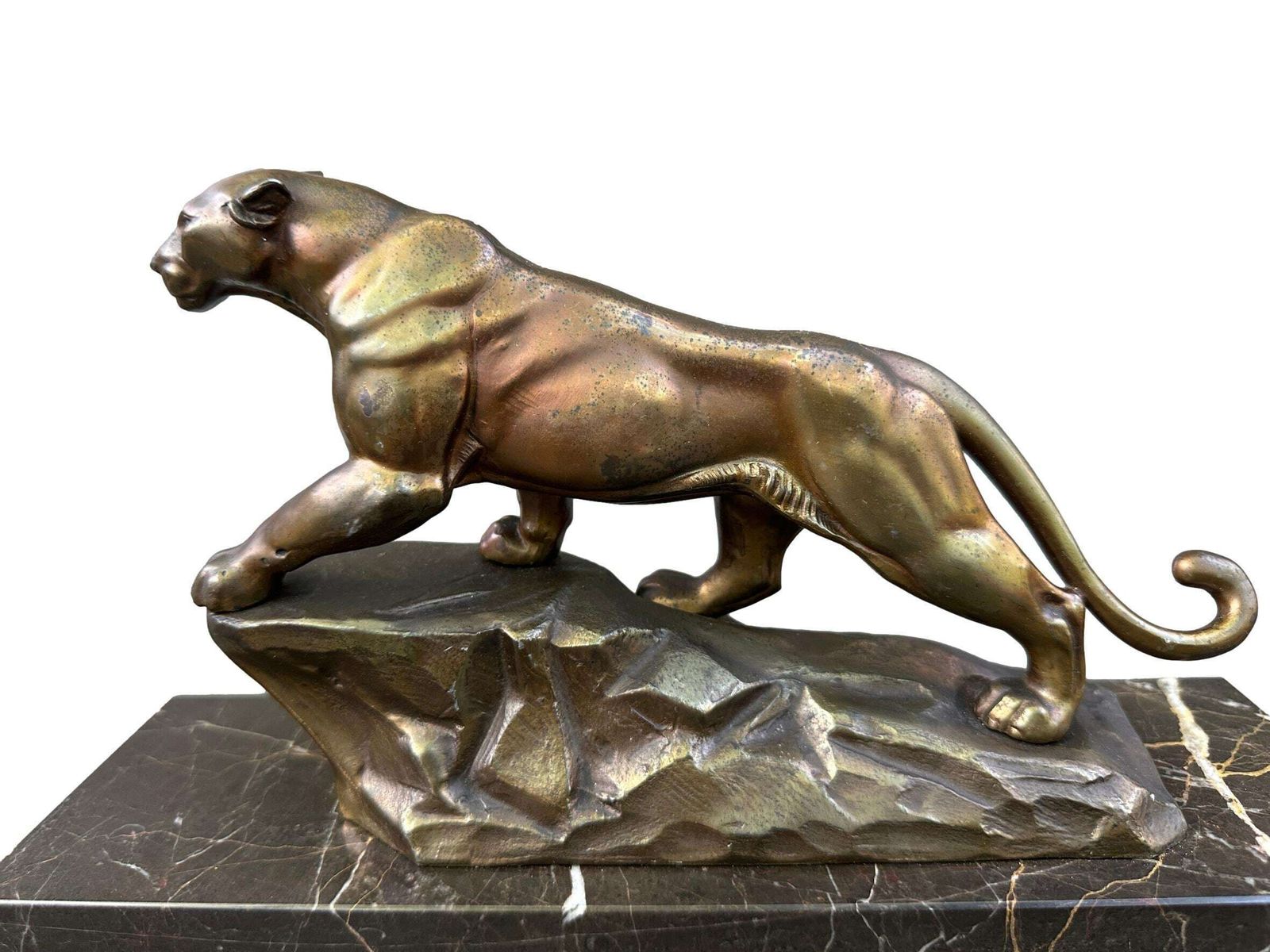 Art Deco Panther Sculpture, Bronze Spelter Marble, 1930s French Jaguar Figurine photo Art