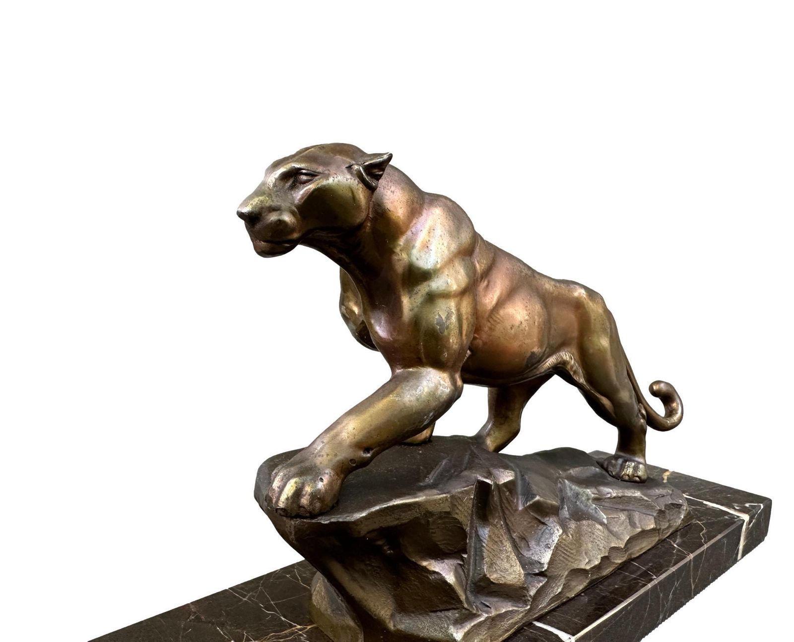 Art Deco Panther Sculpture, Bronze Spelter Marble, 1930s French Jaguar Figurine photo 416.0