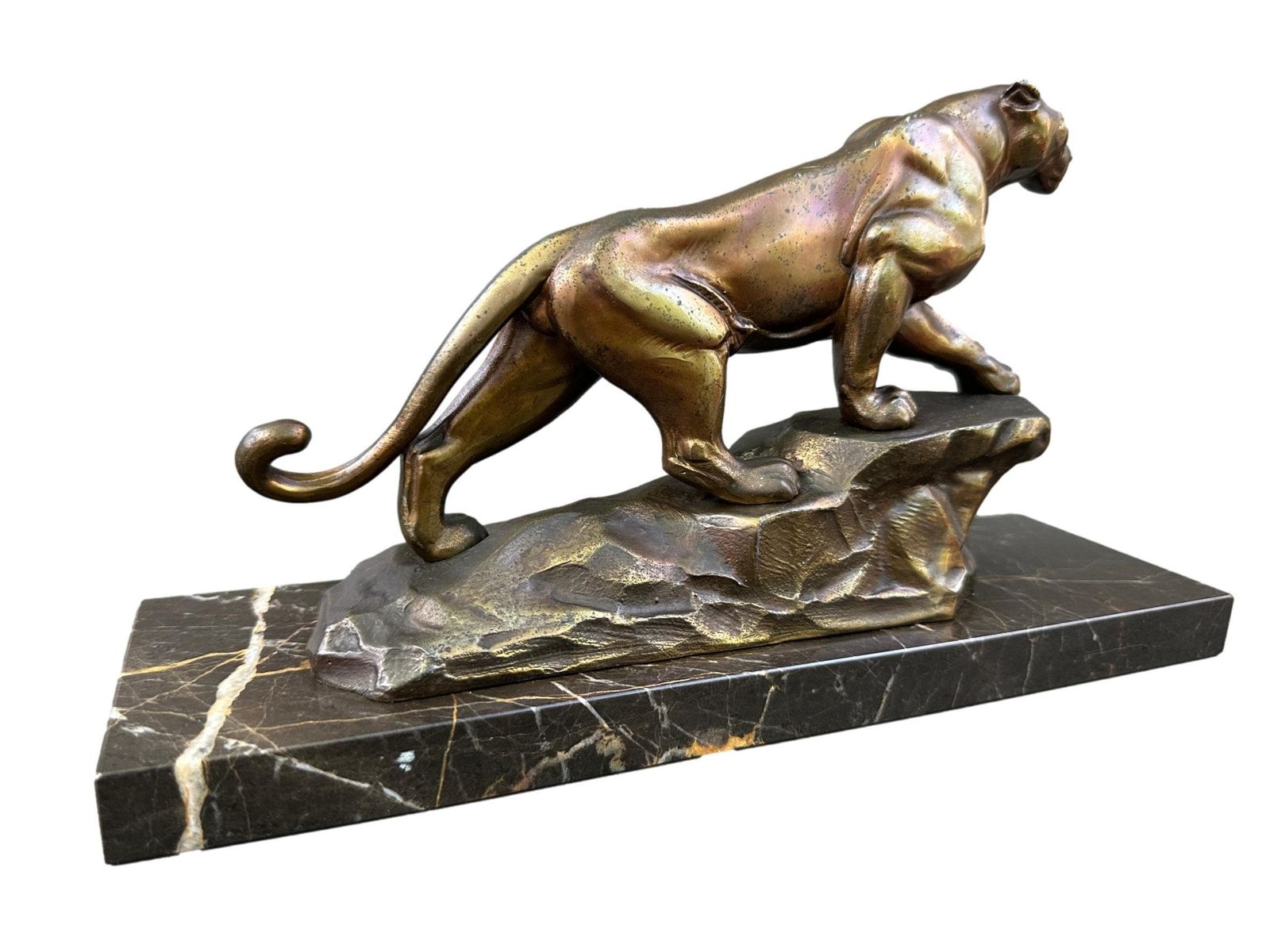 Art Deco Panther Sculpture, Bronze Spelter Marble, 1930s French Jaguar Figurine photo vintage