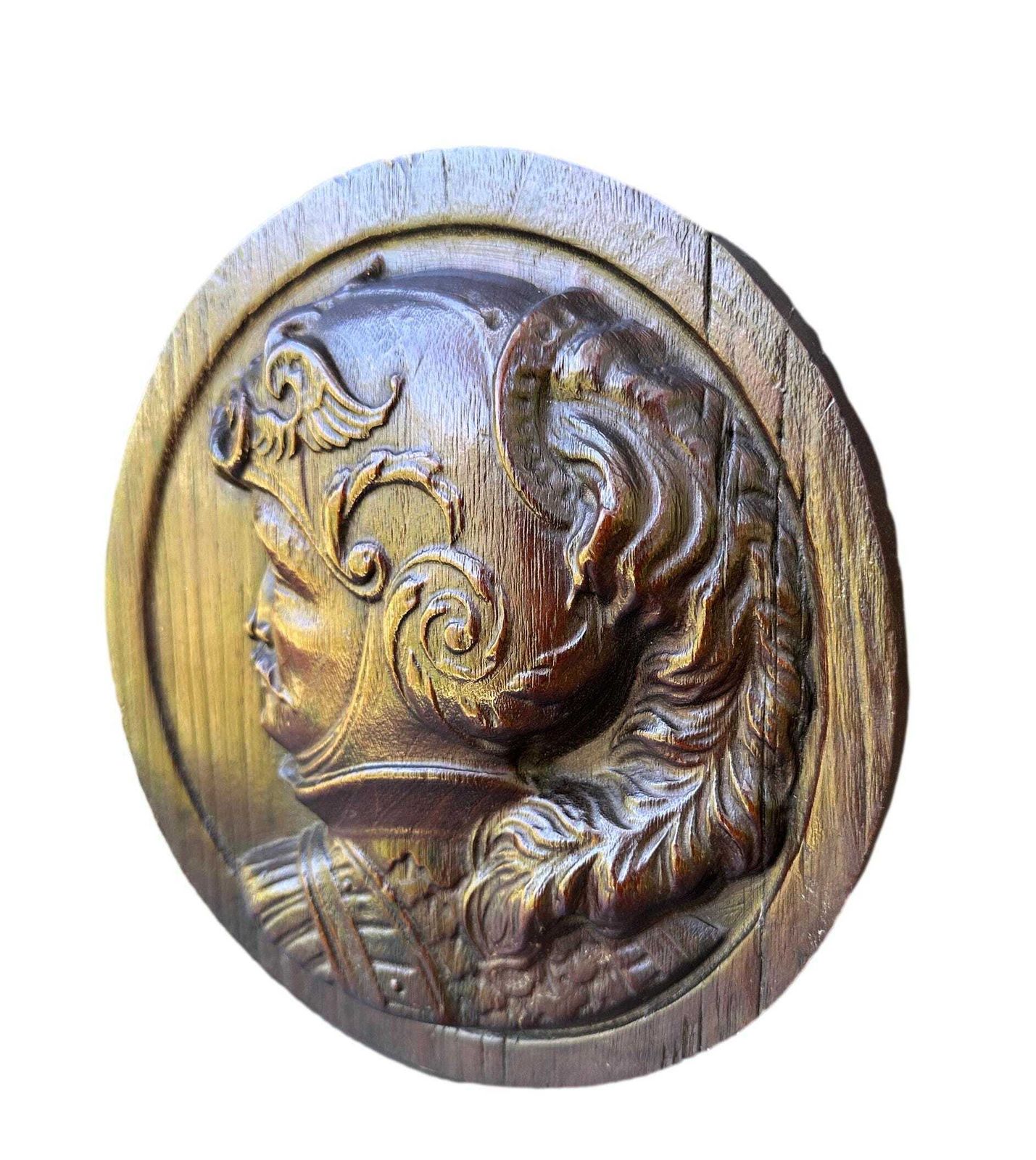 19th Century Hand Carved Walnut Bas Relief Knight Portrait – Renaissance Revival Wall Plaque photo vinterior
