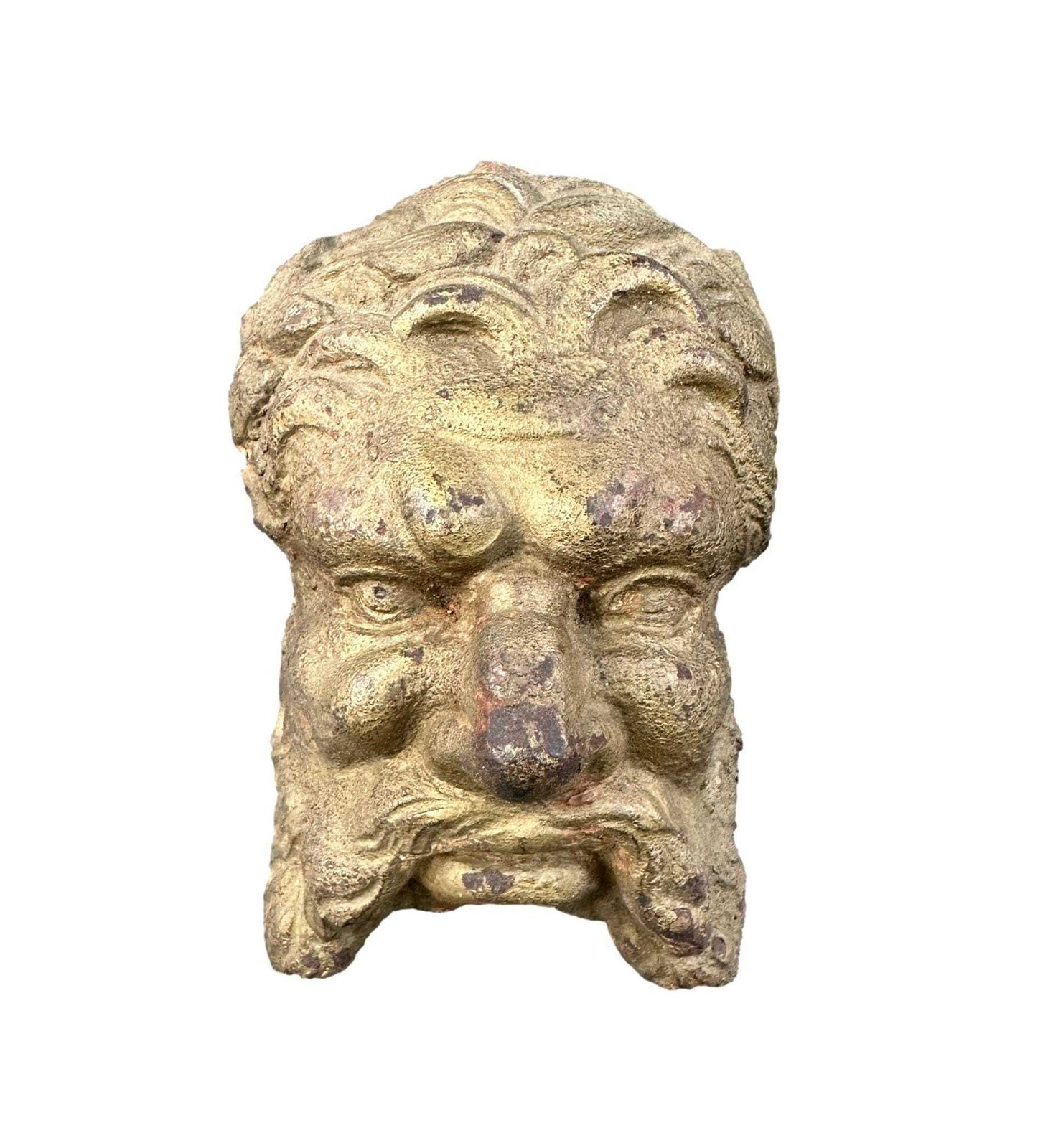 Antique 19th Century Cast Iron Mascaron – French Architectural Salvage Man's Head Wall Decor