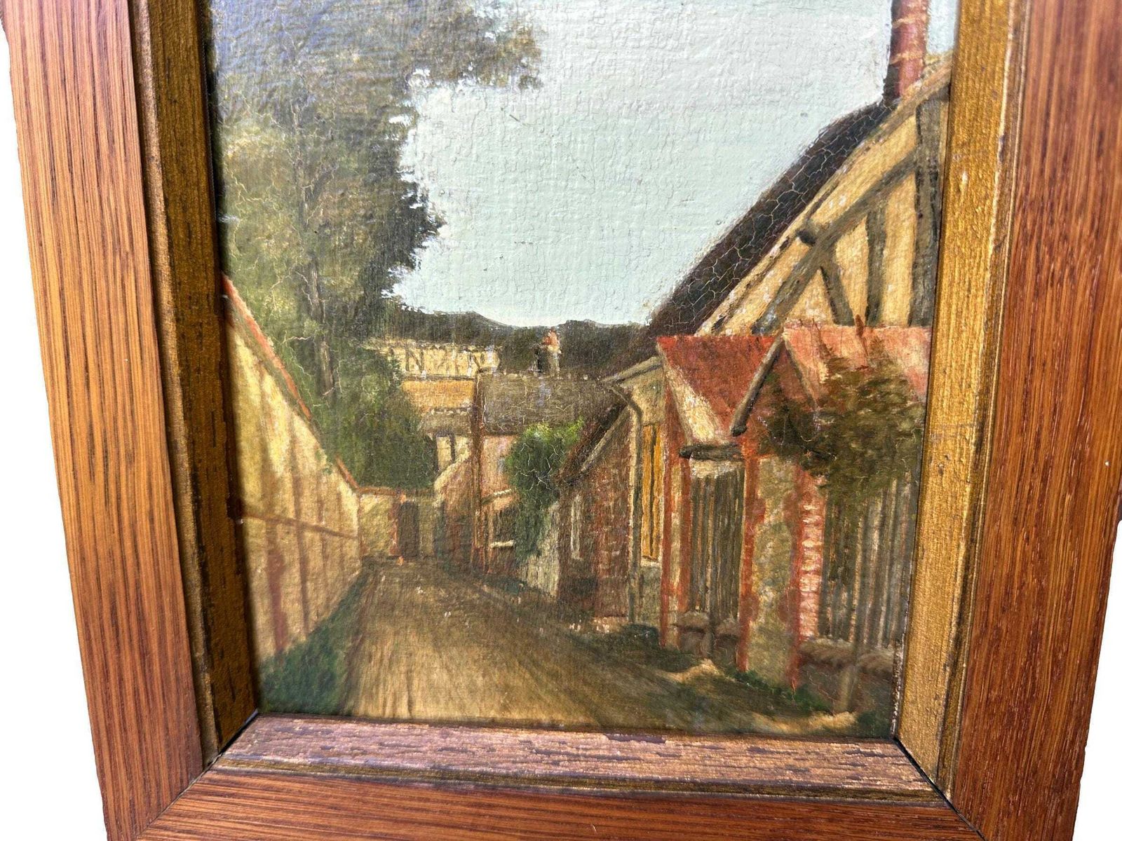 photo furniture Early 20th Century Oil Painting On Panel   Village Street Scene   Original Oak Wood Frame