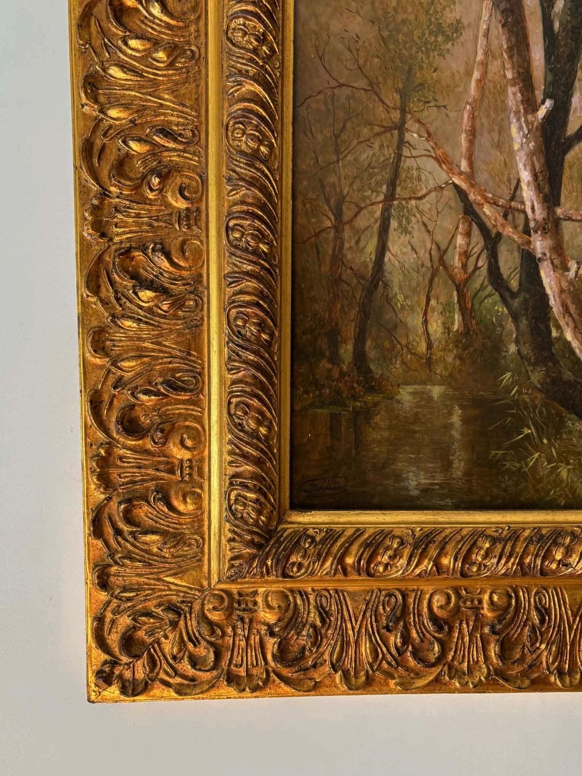 Forest Scene Oil Painting Signed And Dated, Moody Vintage Framed European Forest Interior, Ornate Gold Frame, Rustic Cottage Wall Art photo furniture