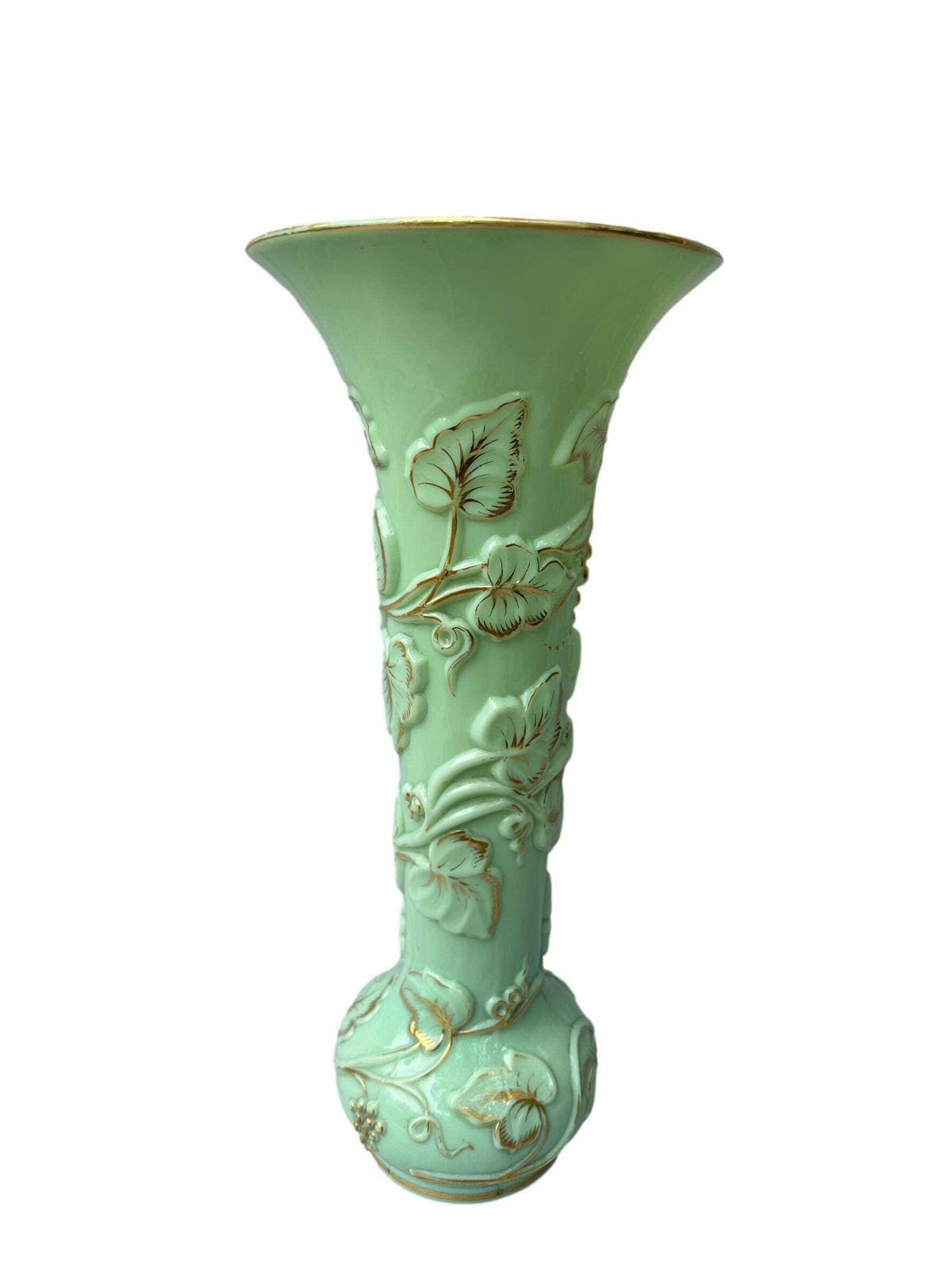 Large Antique Baccarat Xxl Opaline Glass Vase "Grapes & Vines"   Seafoam Green   1865 Napoleon III photo vinterior