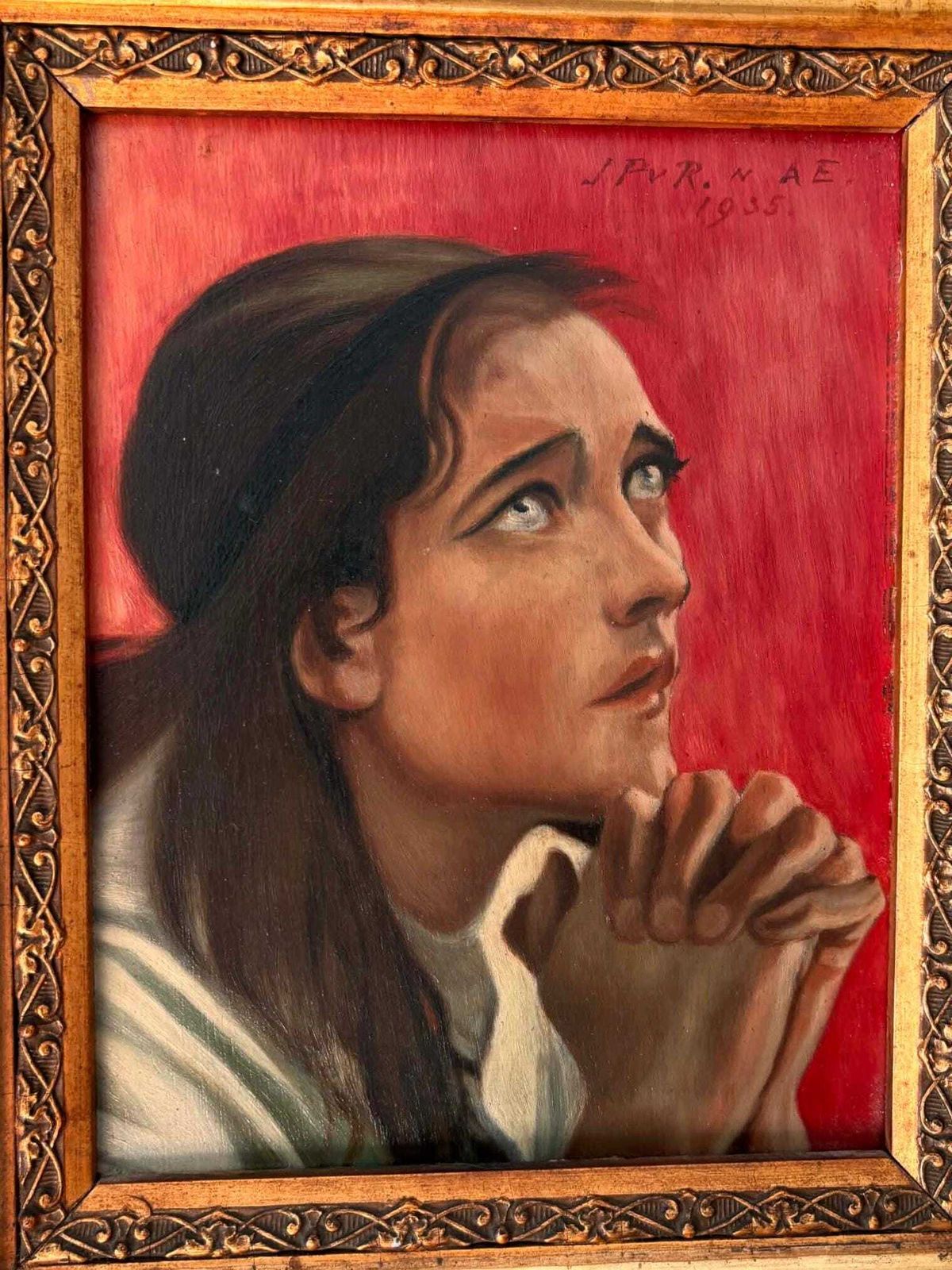 Antique Religious Portrait Painting, Signed 1935, Ornate Gold Frame photo for sale