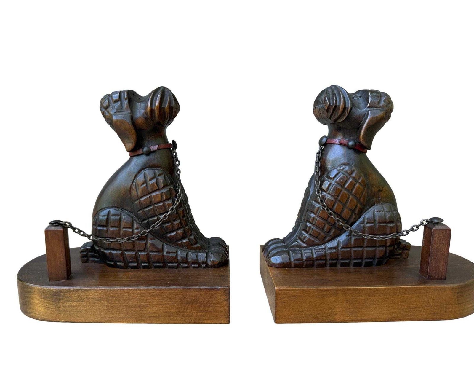 Antique Art Deco Hand Carved Walnut Poodle Bookends   1930s French Dog Art