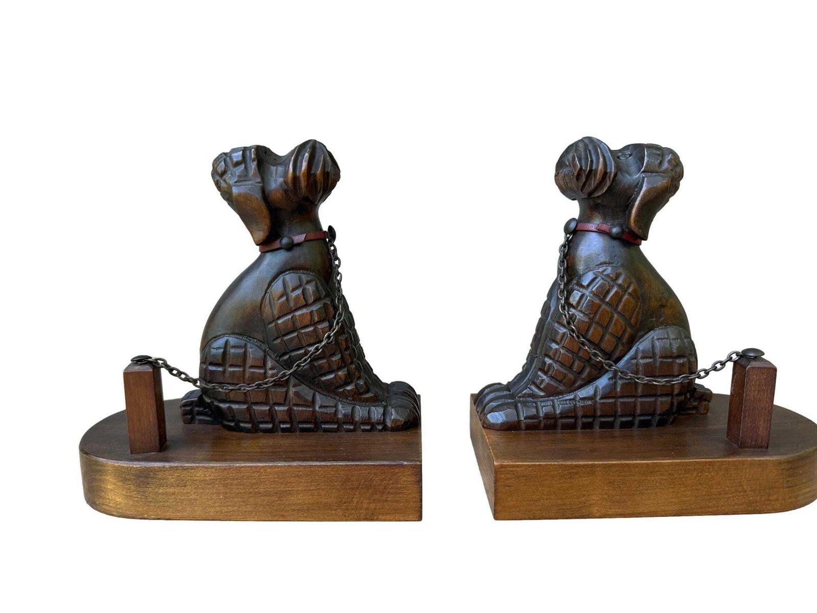 Antique Art Deco Hand Carved Walnut Poodle Bookends   1930s French Dog Art photo furniture