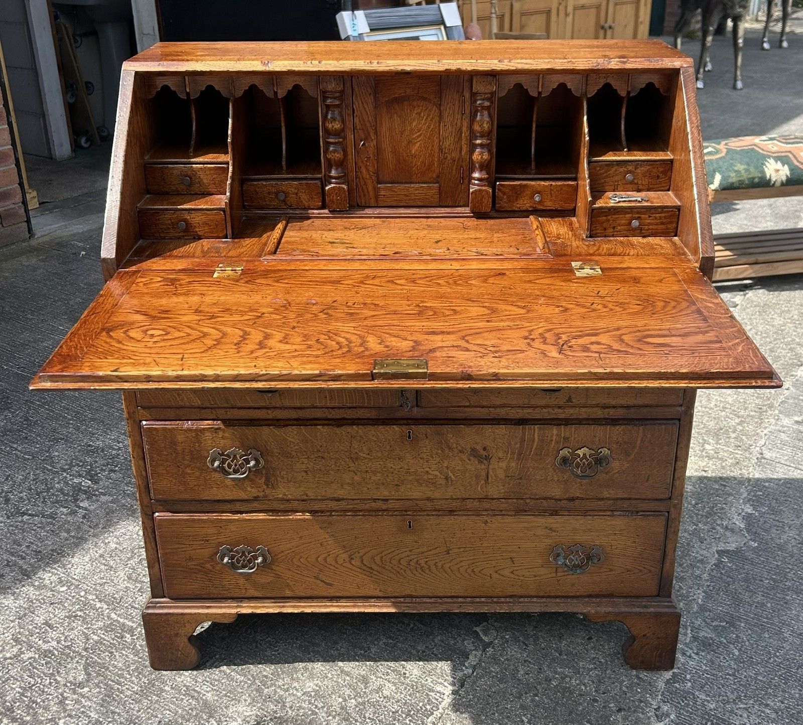 395.0 Quality English Country Solid Distressed Oak Bureau Desk With Fitted Interior photo