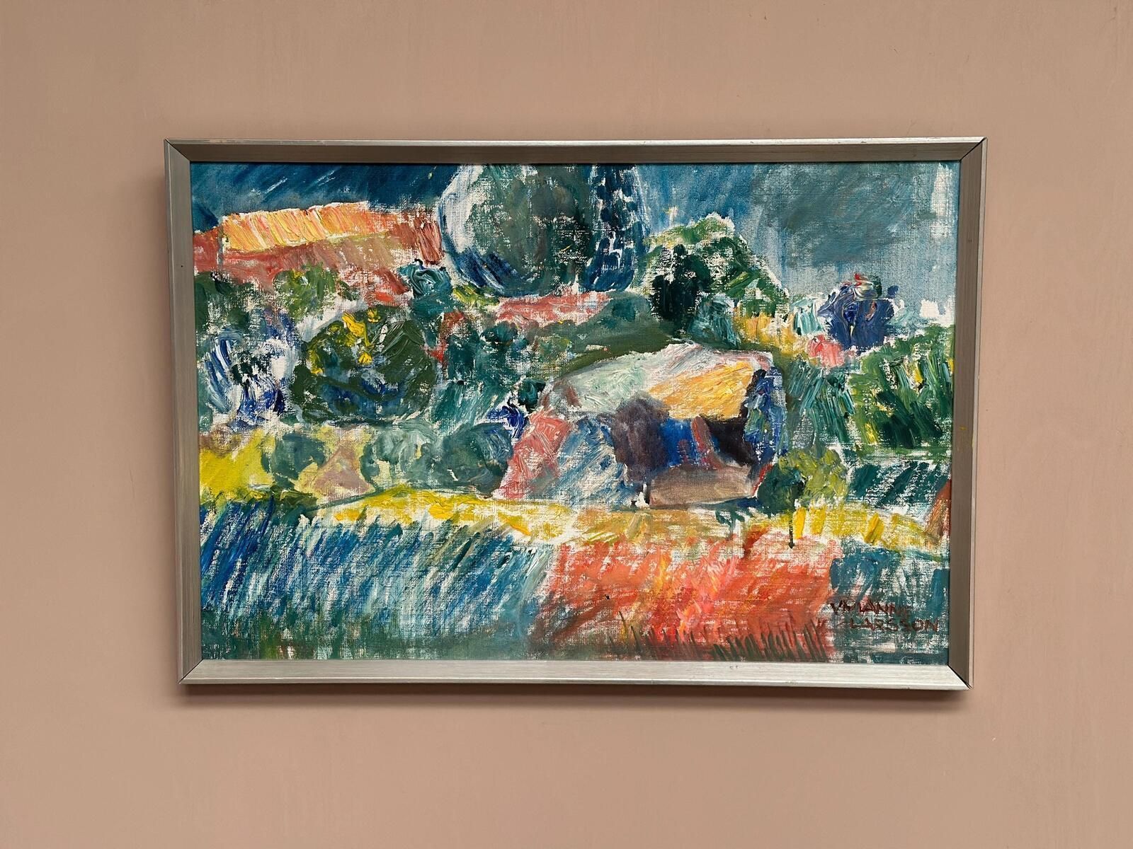 photo vinterior Original Swedish Oil On Canvas – “östra Tollstad I” By Vivianne Larsson – Vintage & Framed – 63.5 × 43.5 Cm (25" × 17.1")