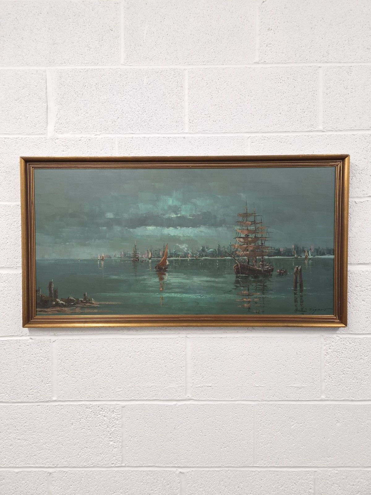 Vintage Mid Century Seascape Oil Painting Signed And Framed Large Marine Art