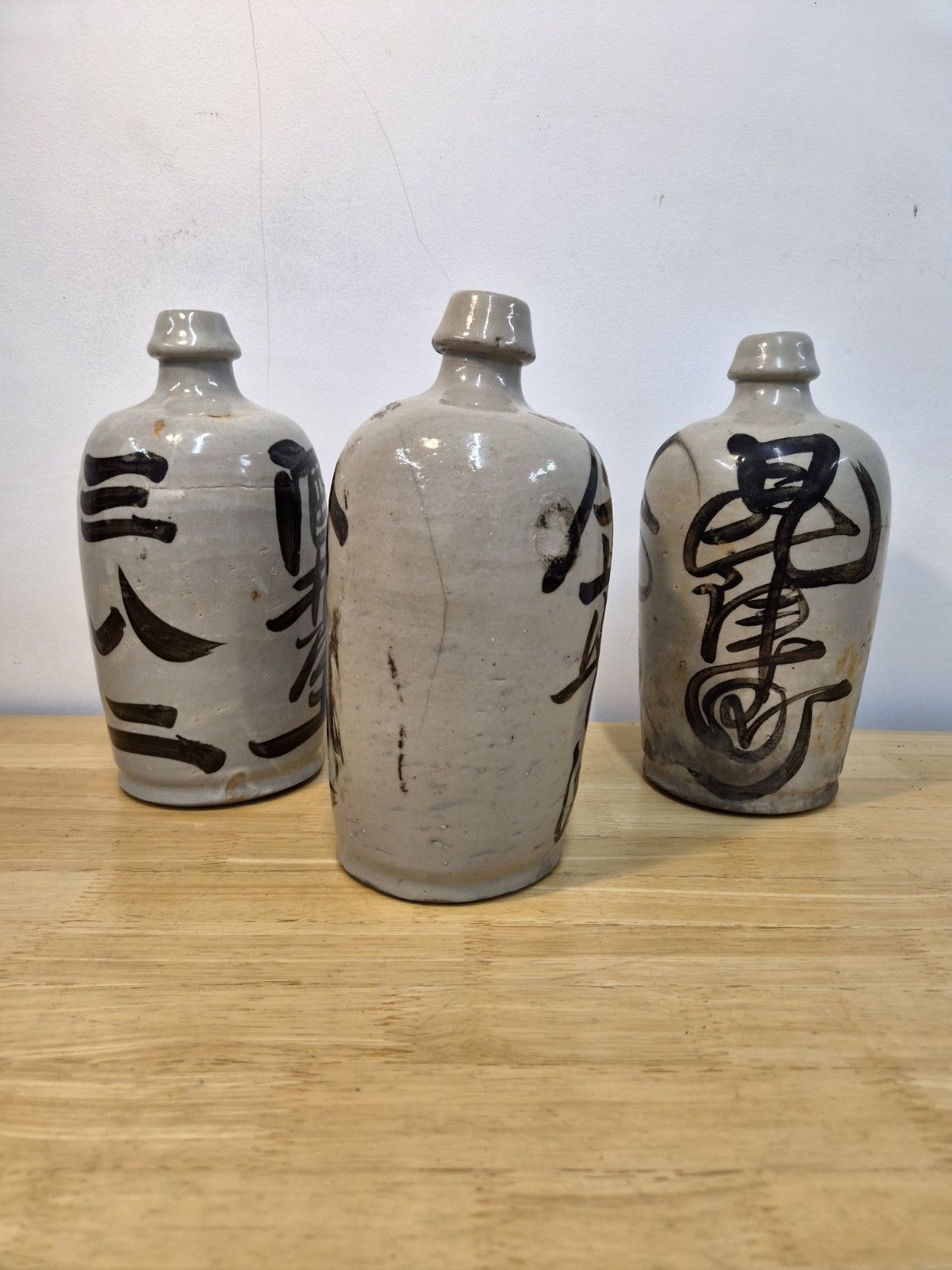 Set Of Antique Japanese Stoneware Ceramic Bottles Hand Made/Painted Meiji/Showa photo furniture