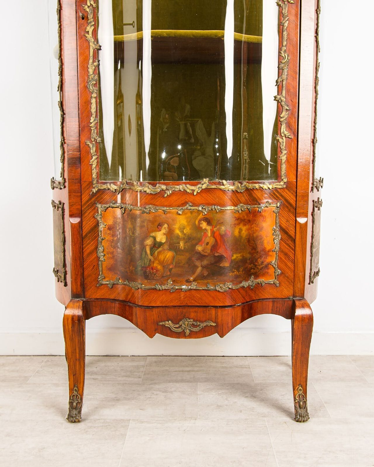 19th Century French Kingwood Vitrine Display Cabinet   Vernis Martin Panels, Ormolu Mounts & Curved Glass photo furniture