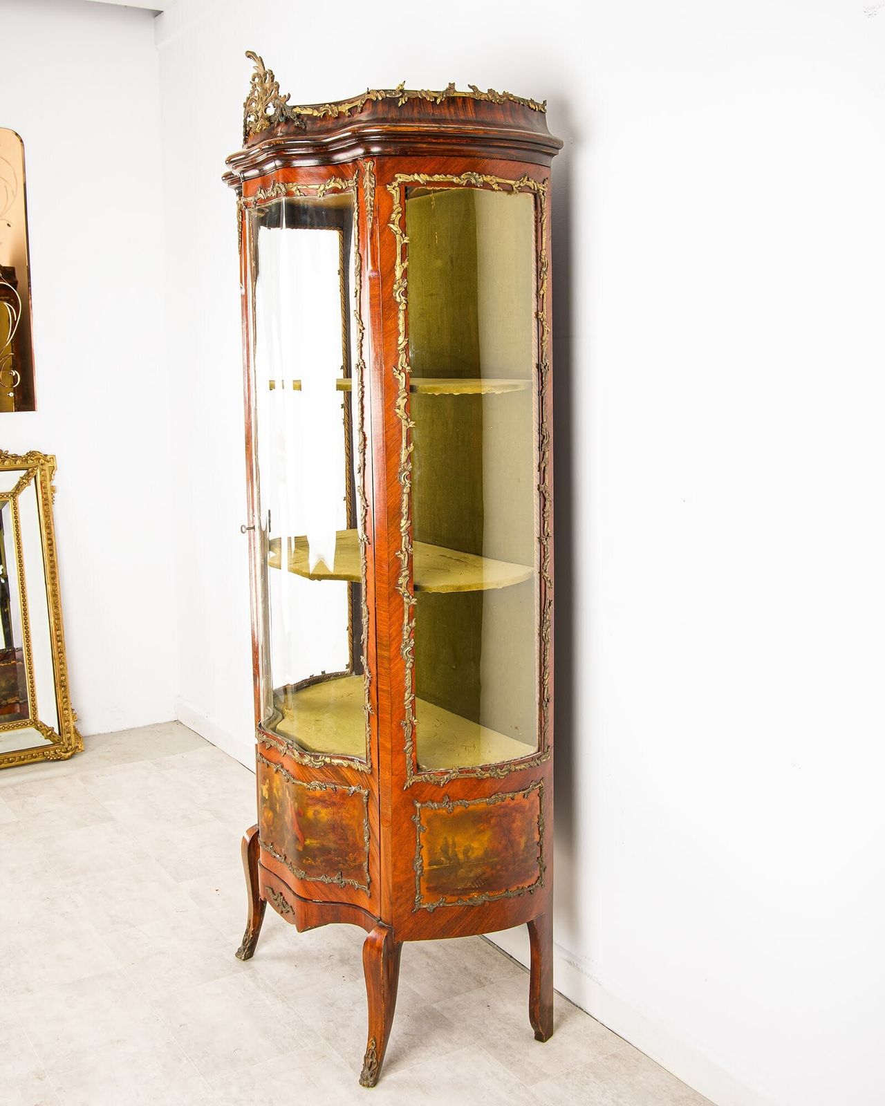 19th Century French Kingwood Vitrine Display Cabinet   Vernis Martin Panels, Ormolu Mounts & Curved Glass photo 1350.0