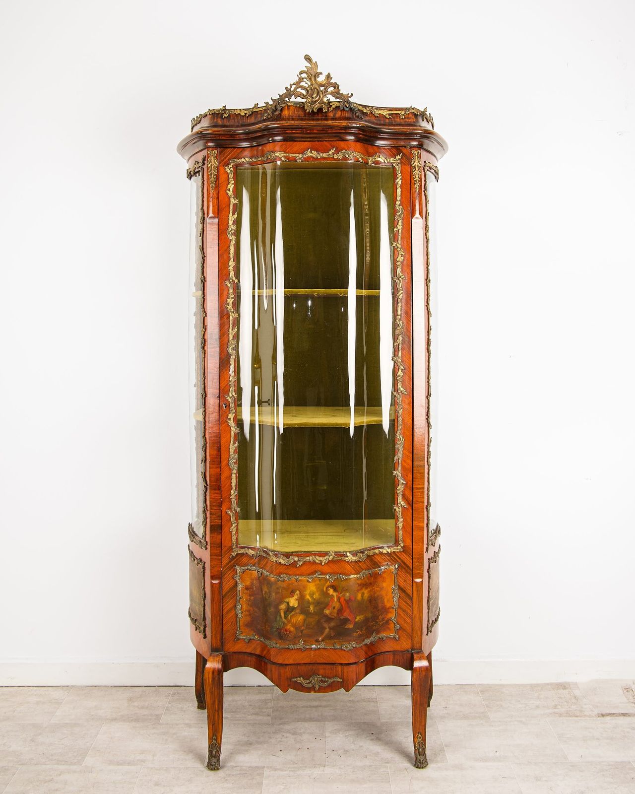 19th Century French Kingwood Vitrine Display Cabinet   Vernis Martin Panels, Ormolu Mounts & Curved Glass