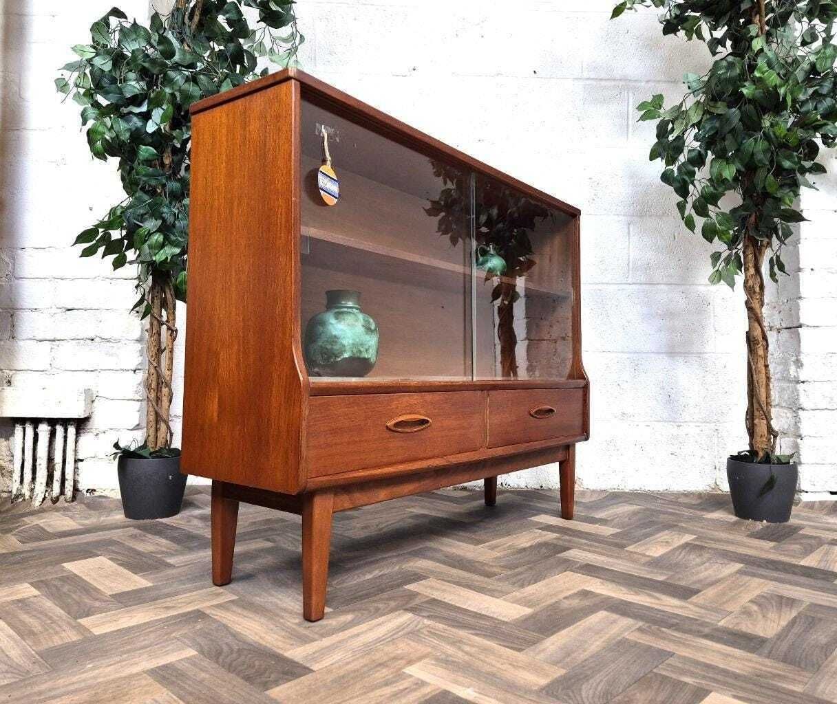 Vivintage Mid Century Jentique Teak & Glass Small Bookcase Slim Sideboard Retro photo furniture