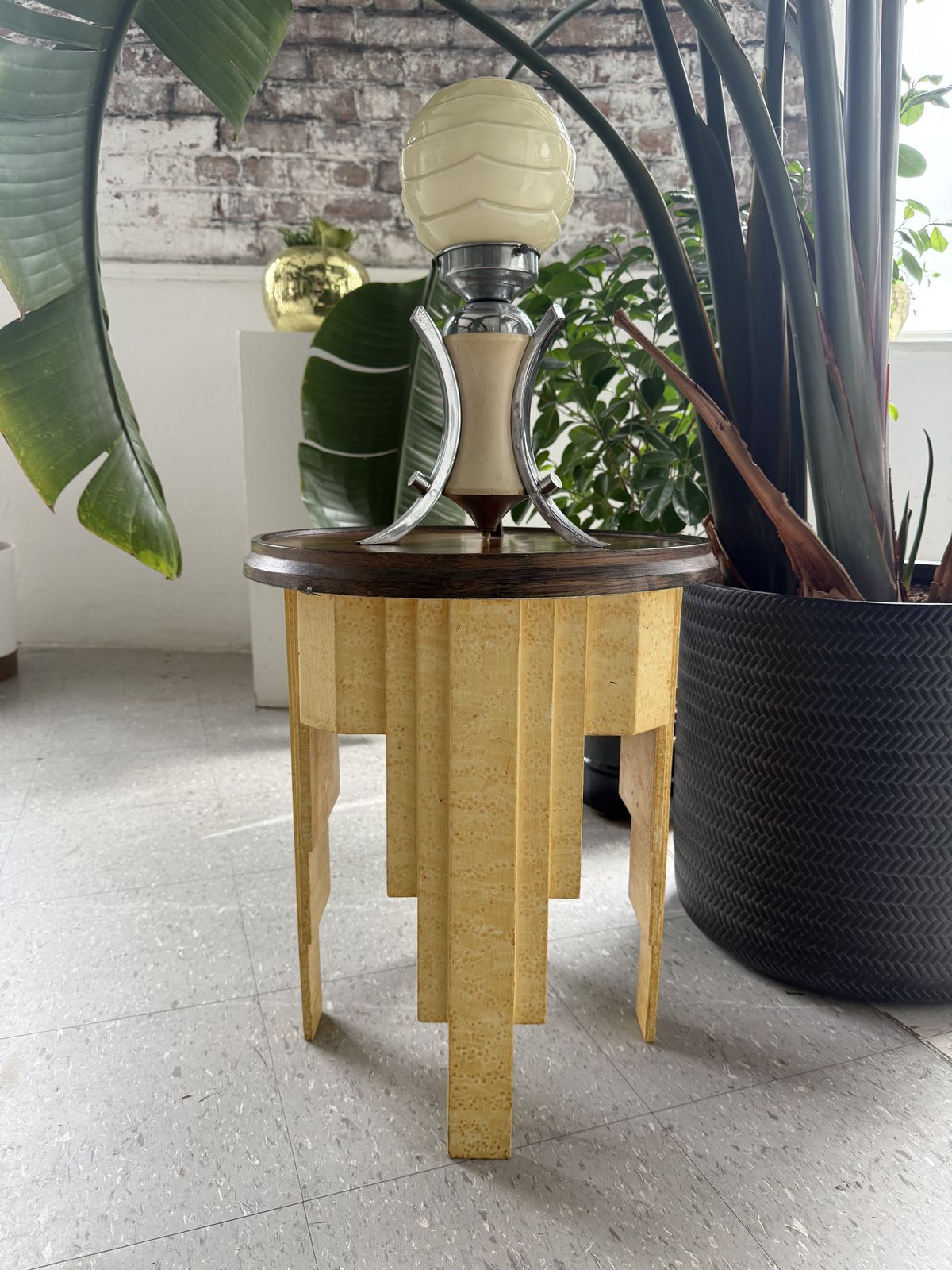 1930s Art Deco Occasional Table With Faux Bird’s Eye Maple Finish And Patinated Metal Top photo Furniture