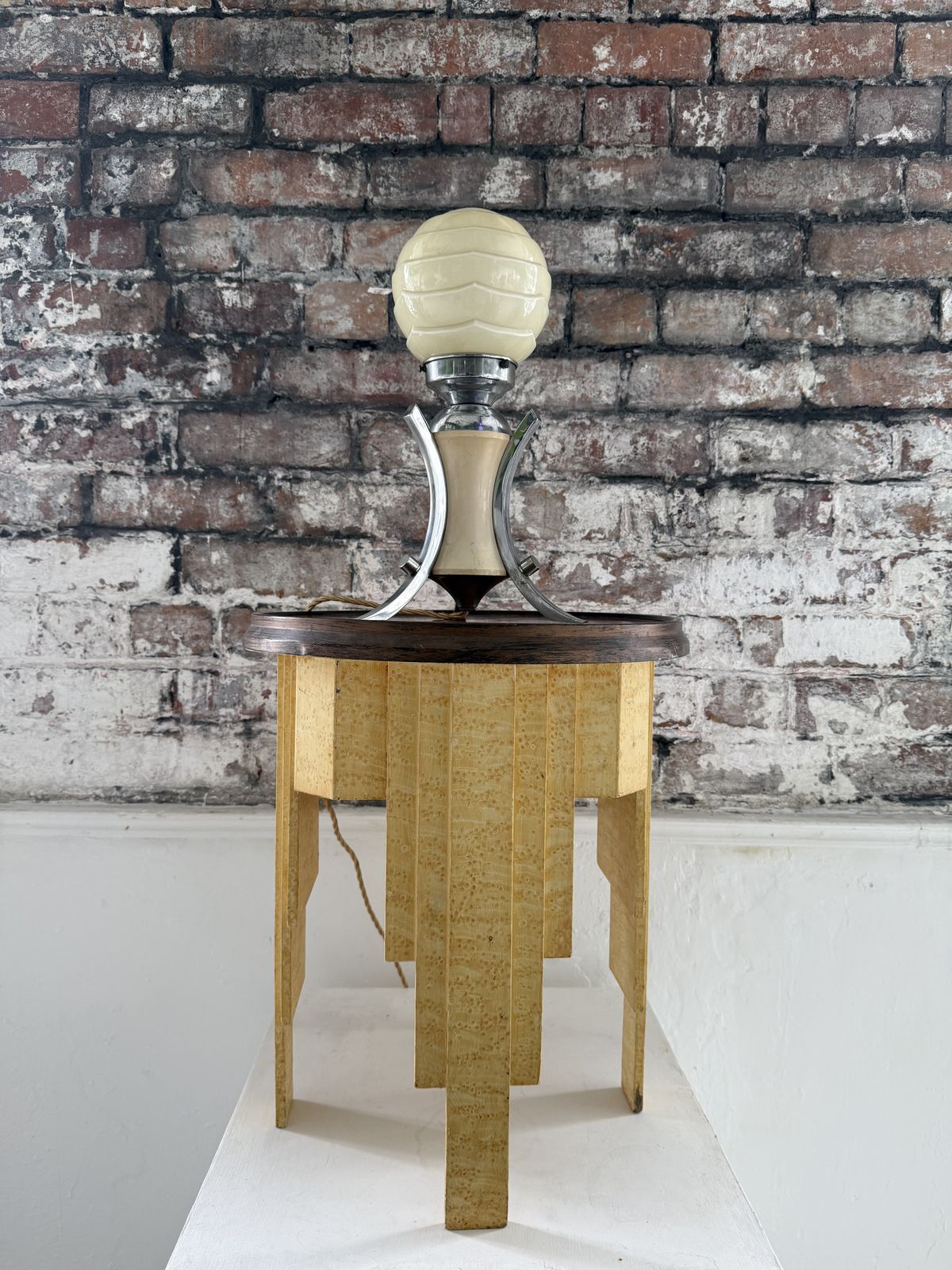 photo furniture 1930s Art Deco Occasional Table With Faux Bird’s Eye Maple Finish And Patinated Metal Top