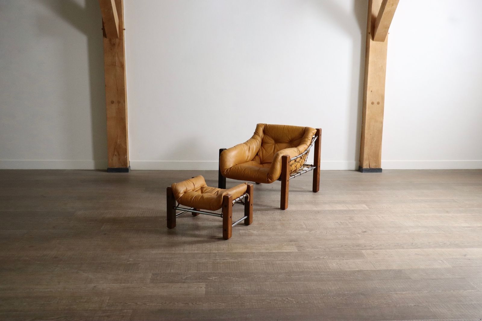 Rare Amazonas Lounge Chair With Ottoman In Cognac Leather By Jean Gillon Brazil 1960s photo for sale
