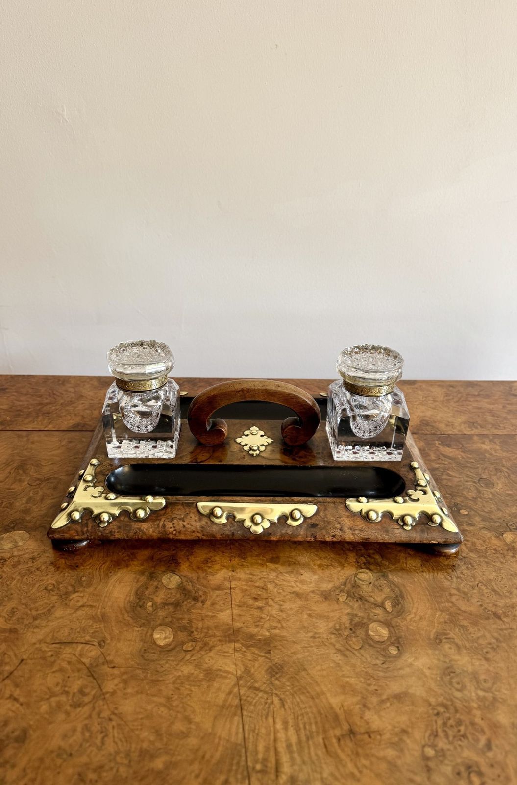 Fantastic Quality Antique Burr Walnut Brass Mounted Double Sided Desk Set photo for sale