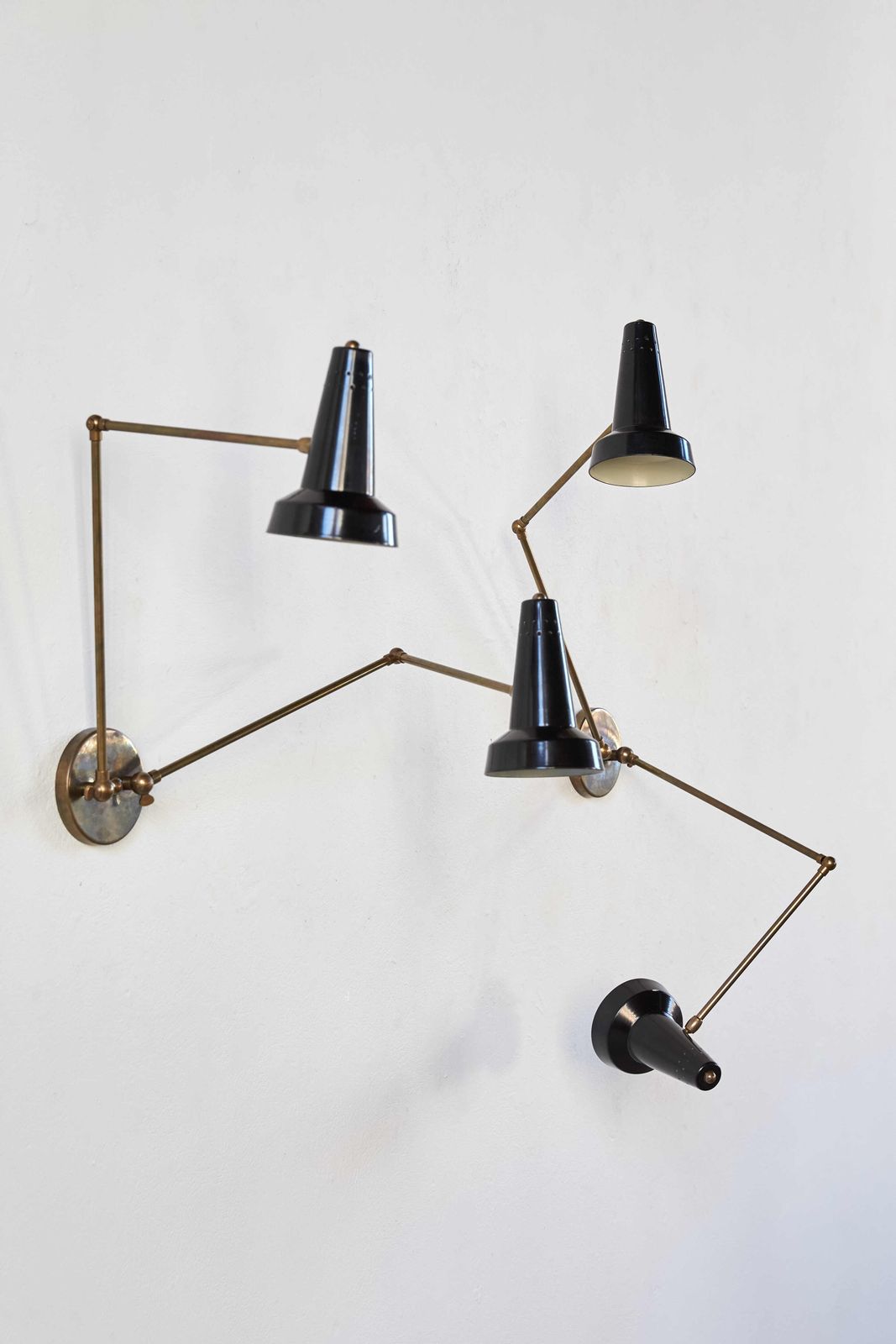 Pair Of Brass And Black Enamelled Aluminium Wall Lights, C1950 photo vintage