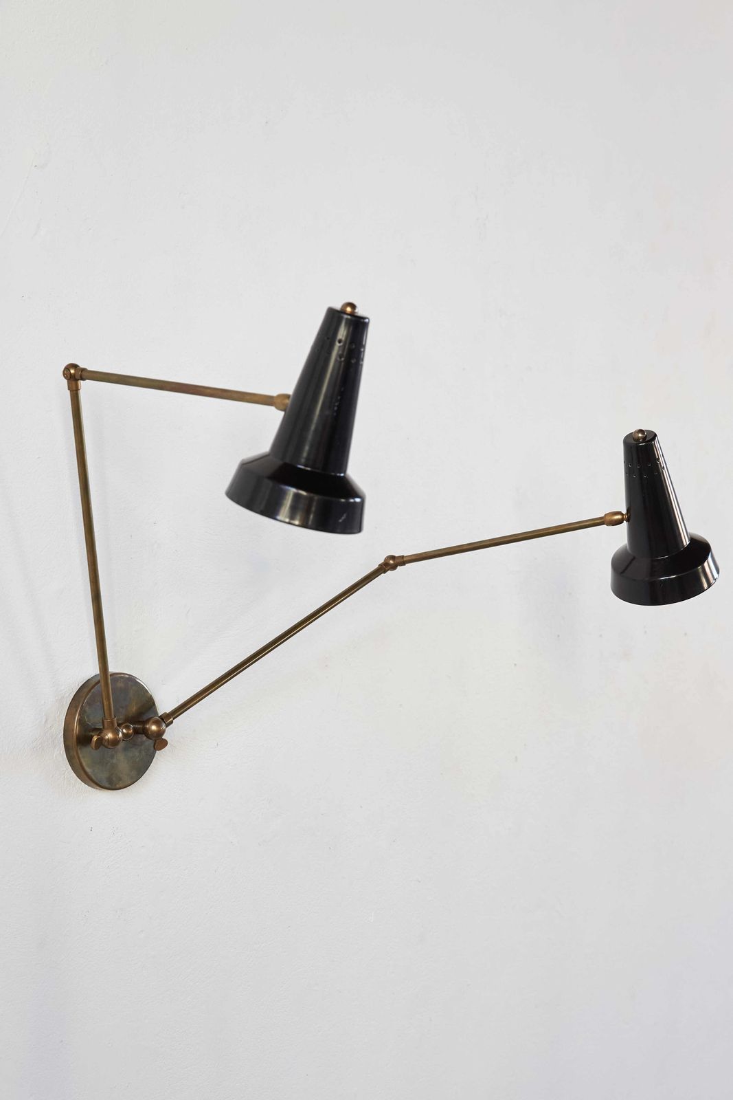 photo for sale Pair Of Brass And Black Enamelled Aluminium Wall Lights, C1950