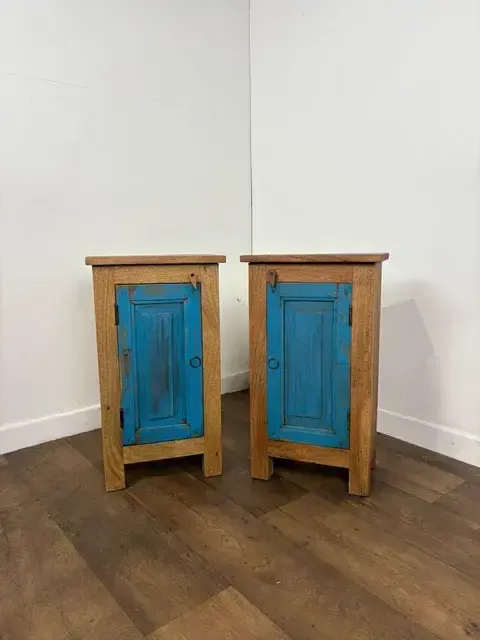 Pair Of Reclaimed Indian Wood Bedside Cabinets photo vintage