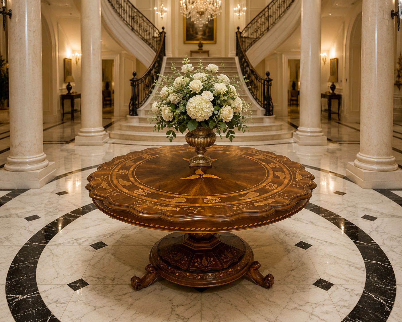 Antique Exhibition Quality Irish Killarney Marquetry Inlaid Yew Wood Round Entry Hall Centre Table Large Attributed To The Egan Workshop photo furniture