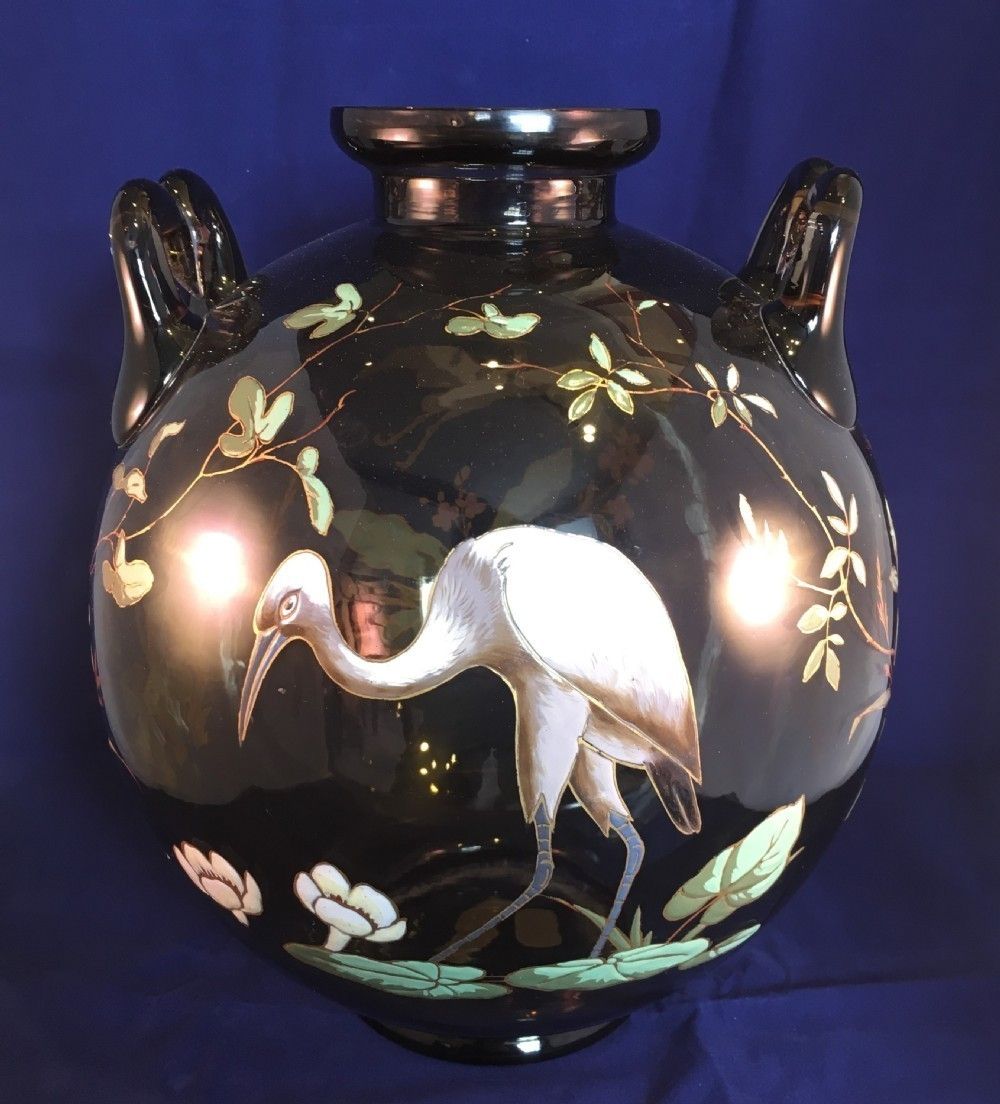 "Harrach" Vase Of Globular Shape With Enamelled Flowers & Birds C1895 photo for sale