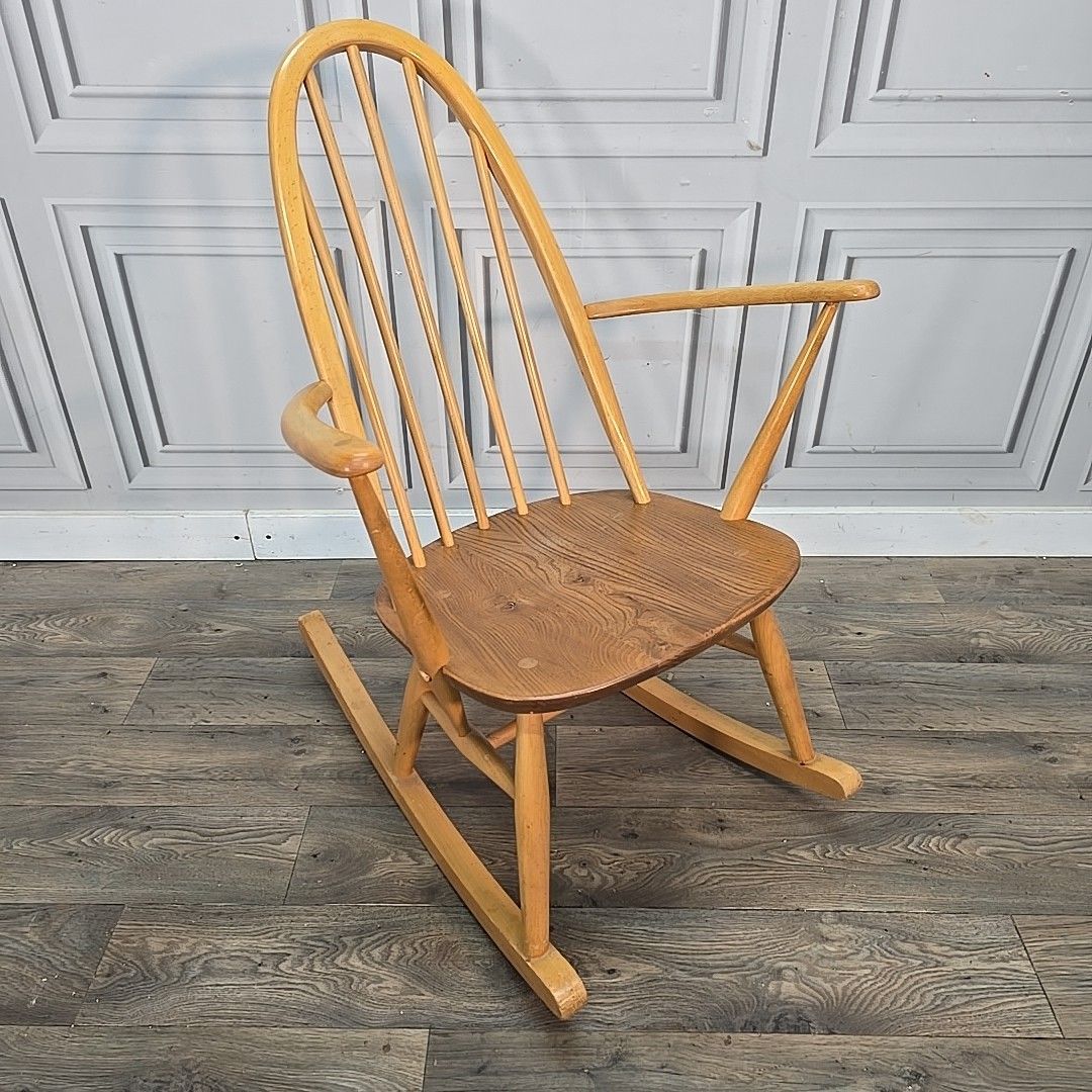 Ercol Quaker Rocking Chair Blonde Elm Beech Windsor Armchair Vintage Mcm Retro photo for sale
