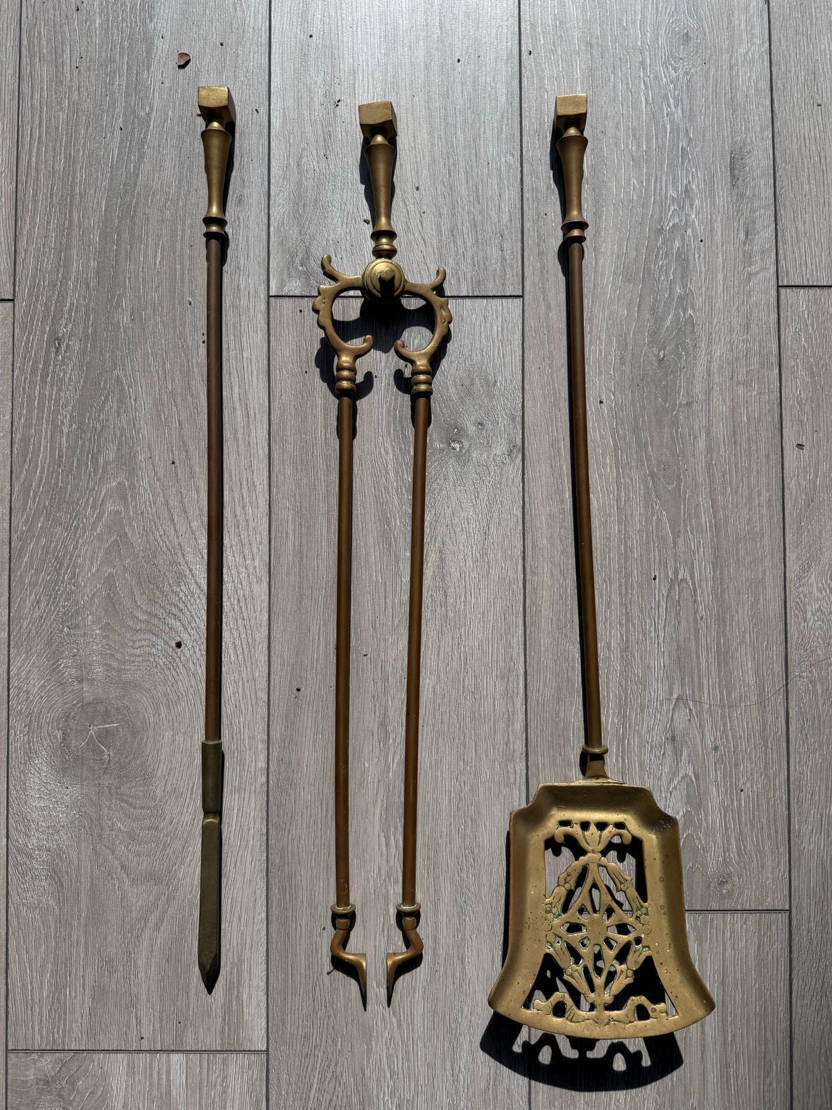 Victorian Gothic Brass Fire Companion Set, Fireplace Tools, 19th Century photo Home Fixtures