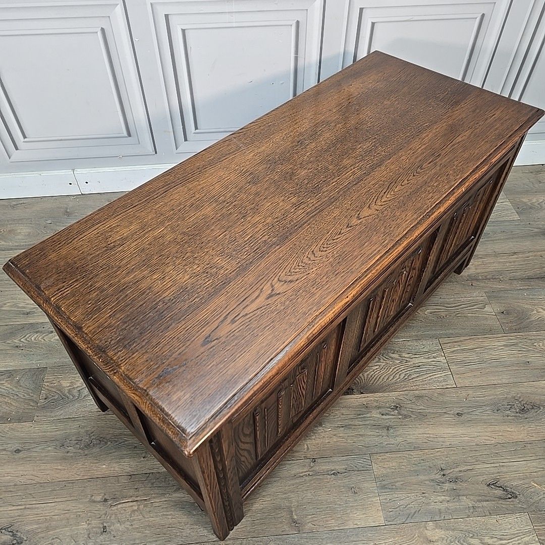 Antique Oak Trunk Chest Carved Linenfold Blanket Storage Box Coffer Vintage photo vinterior