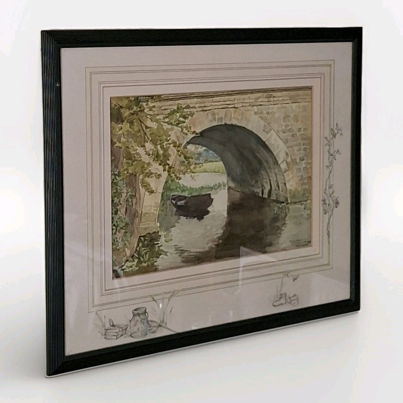 Contemporary Watercolour J L Wilmot The Old Boat Fotheringhay Bridge Oundle photo for sale
