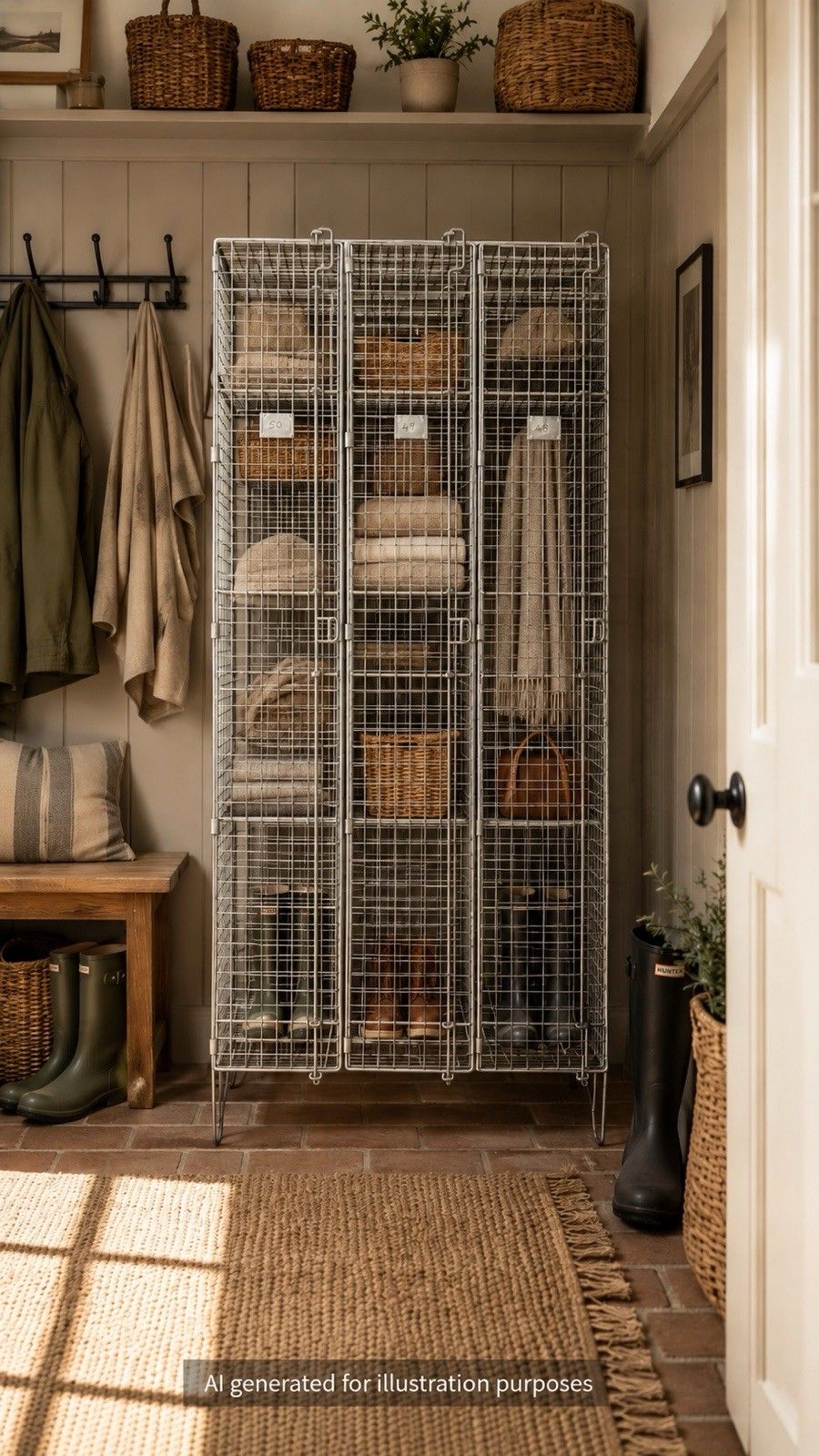 photo furniture Industrial Vintage Wire Mesh Three Door Locker Storage Cabinet Cage Wardrobe