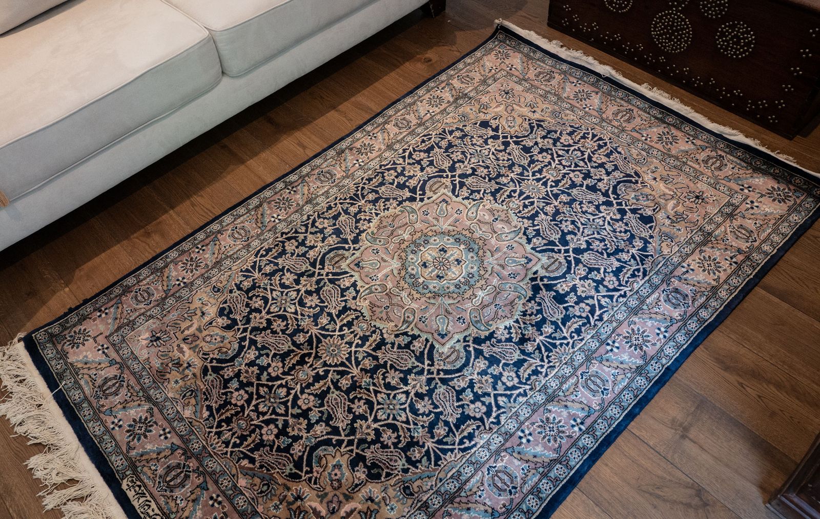 Fine Wool & Silk Indigo Rug In Mahi & Pomegranate Motif photo for sale