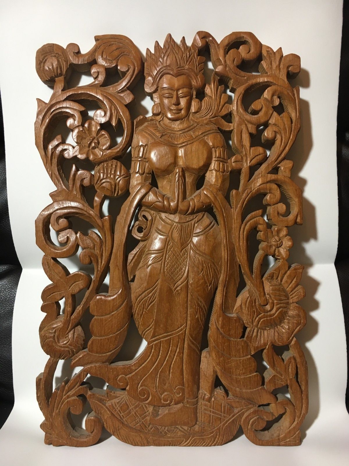 Large Asian Wood Hand Carved Buddha Wall Art/Plaque/Panel