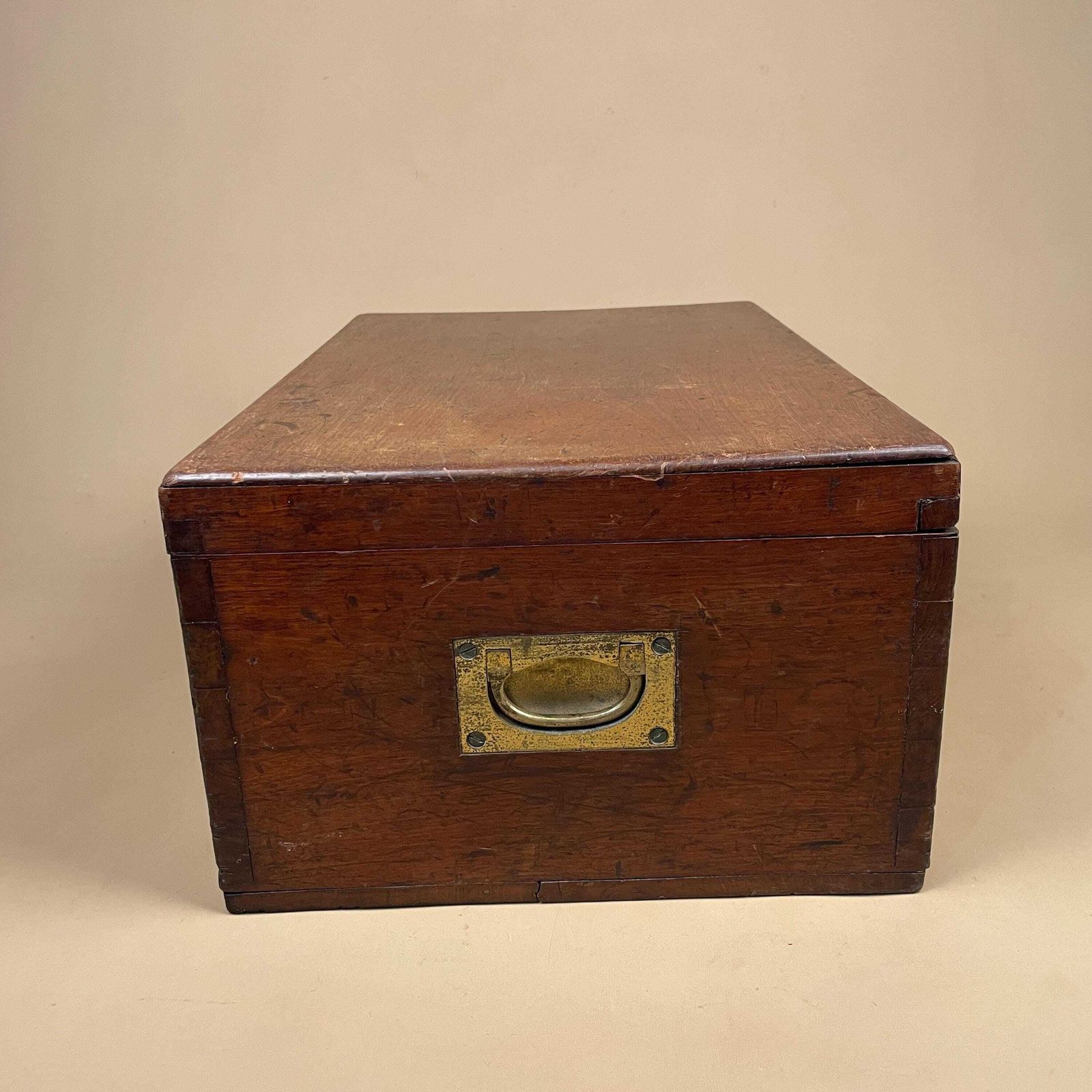 photo for sale Wooden Campaign Chest Antique Box Military Wood Brass Metal Handles 19th Century Trinket Jewellery Keepsake Gold Trims Lid Rectangle Trunk