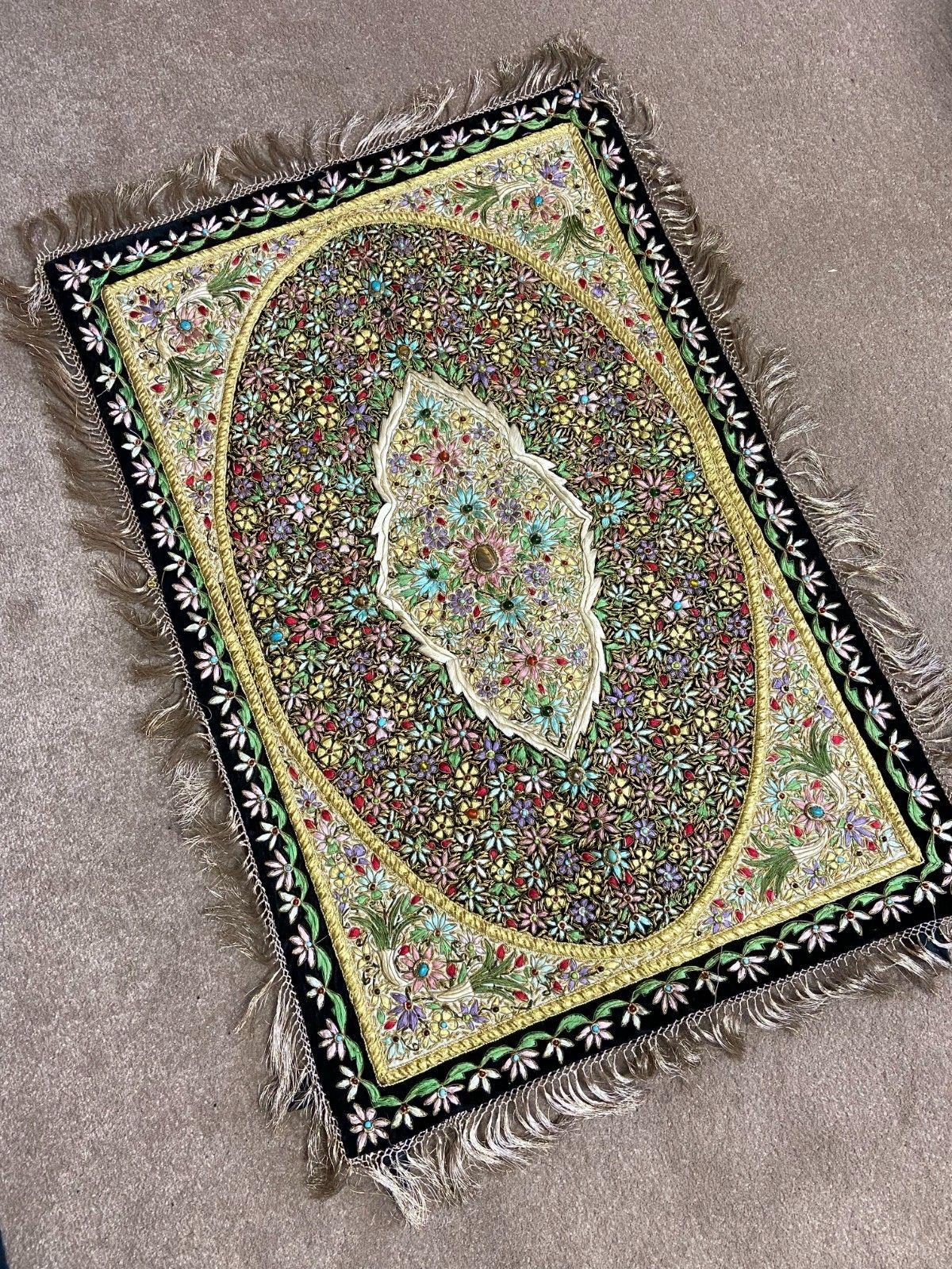 Vintage Handmade Zardozi Tapestry Gemstone Gold Thread Embroidered Jewel Carpet