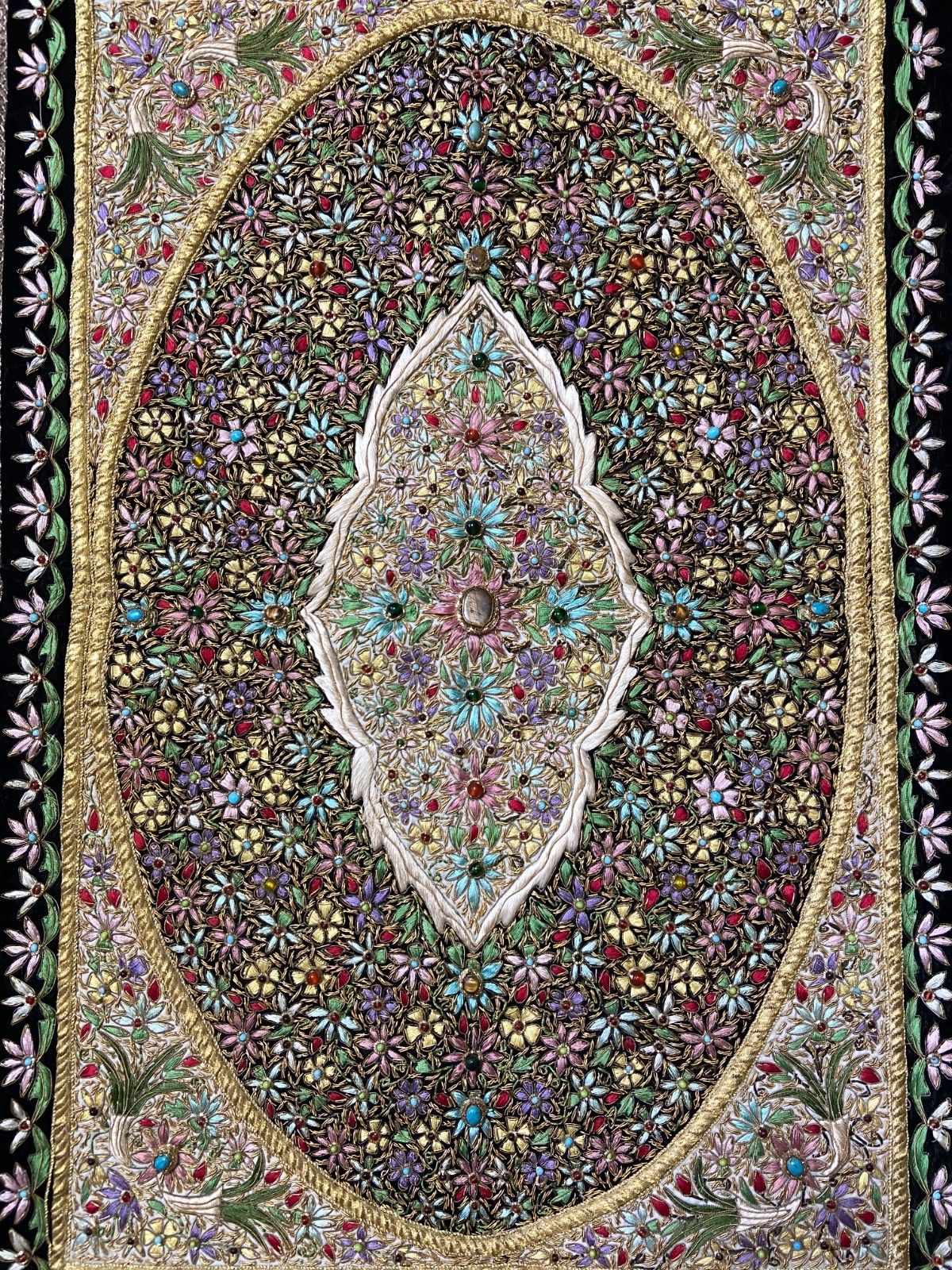 Vintage Handmade Zardozi Tapestry Gemstone Gold Thread Embroidered Jewel Carpet photo for sale