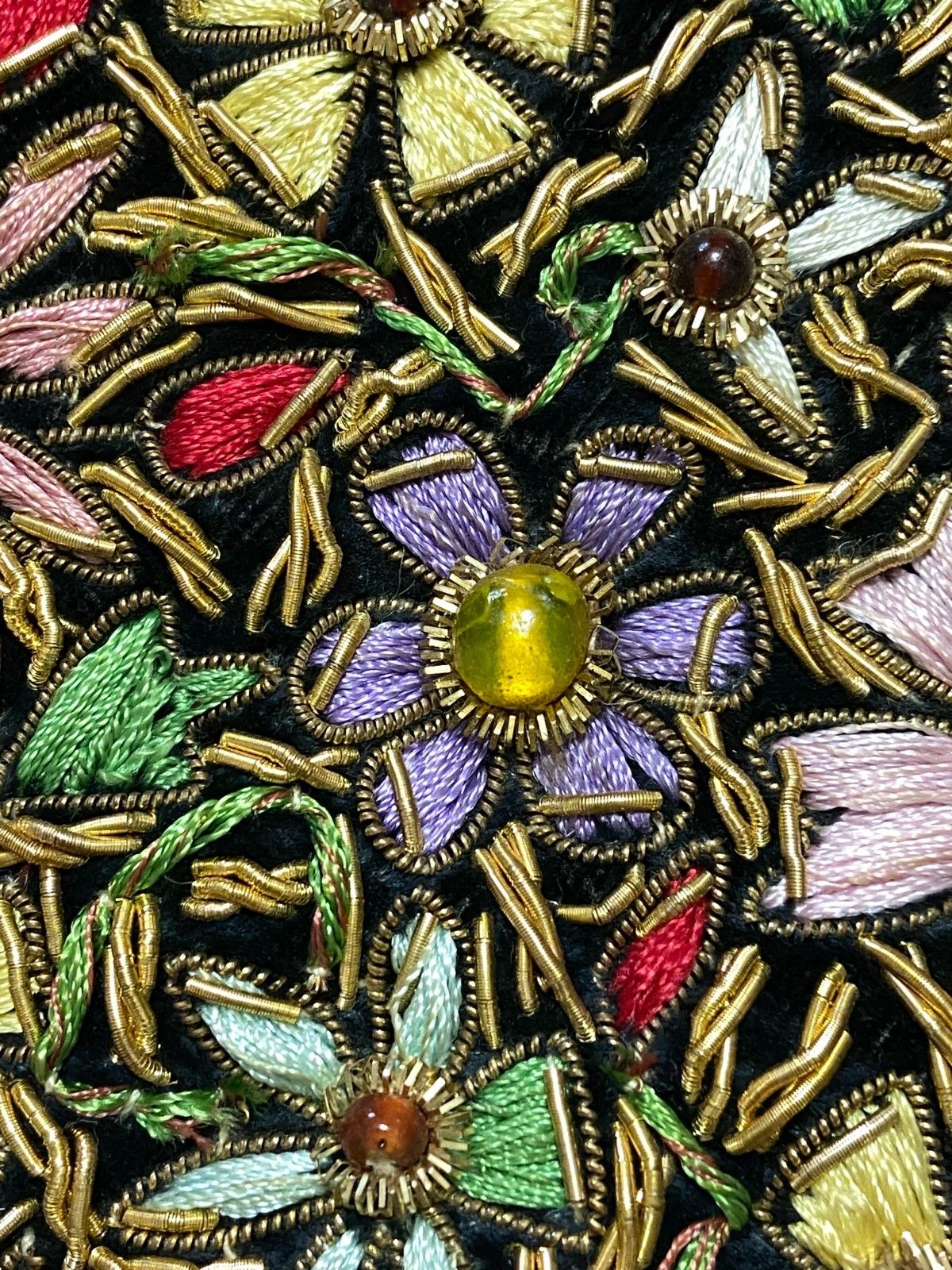 photo for sale Vintage Handmade Zardozi Tapestry Gemstone Gold Thread Embroidered Jewel Carpet