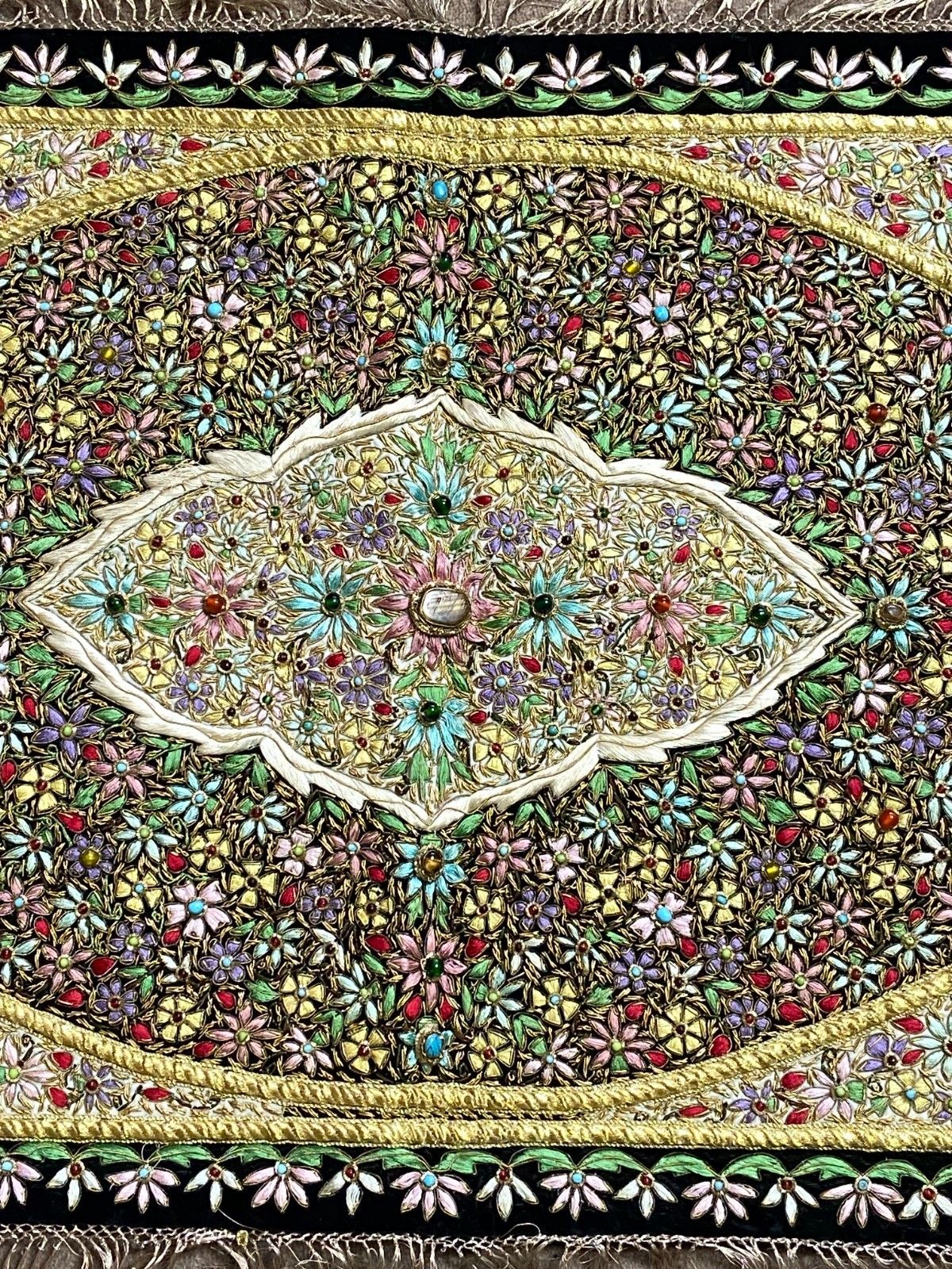 600.0 Vintage Handmade Zardozi Tapestry Gemstone Gold Thread Embroidered Jewel Carpet photo