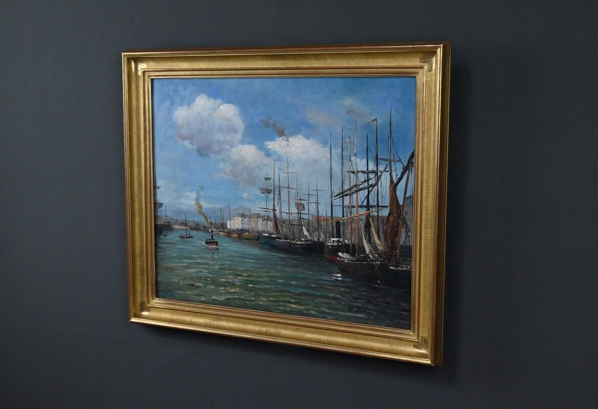 Painting “Port Scene”, Oil On Canvas, Signed F. Nicoli – 20th Century photo Art