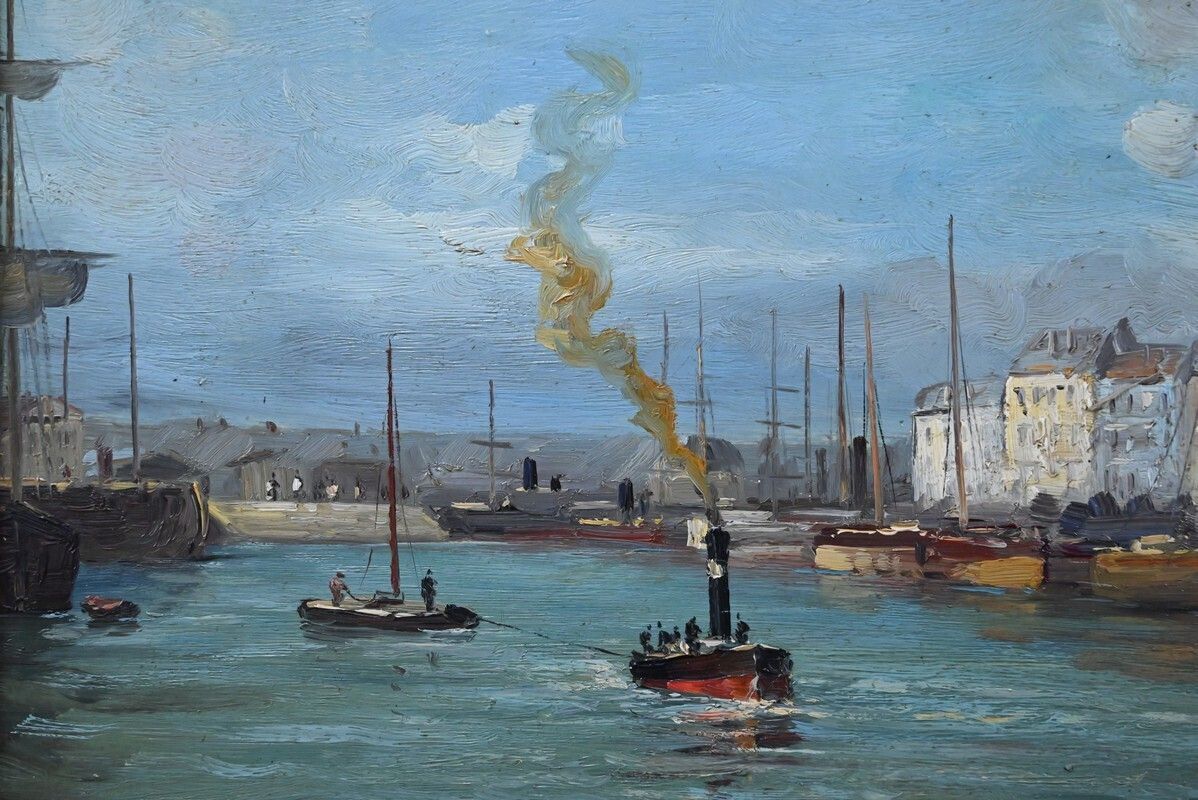 photo for sale Painting “Port Scene”, Oil On Canvas, Signed F. Nicoli – 20th Century