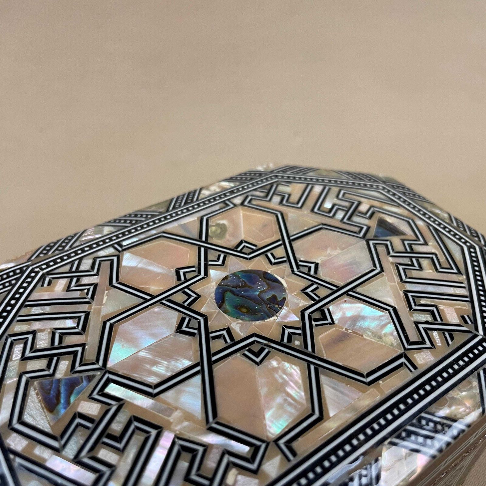 Middle Eastern Box Wooden Pearl Inlay Mosaic Pattern Trinket Jewellery Geometric Pattern Keepsake Storage Table Decor Marquetry Lid photo for sale