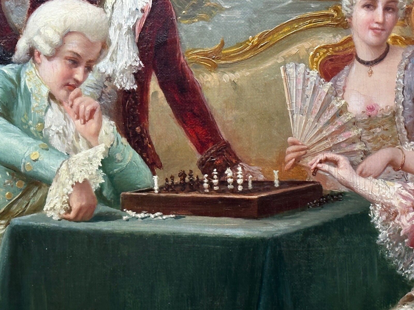 photo furniture 19e-eeuws olieverfchilderij "A Chess Problem", gesigneerd door Carlo Ferranti, verguld ingelijst