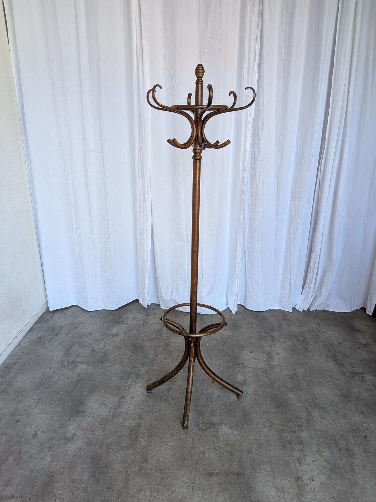 Vintage Bentwood Coat Stand In Thonet Style / Dark Wood Coat Rack With Umbrella Ring photo furniture